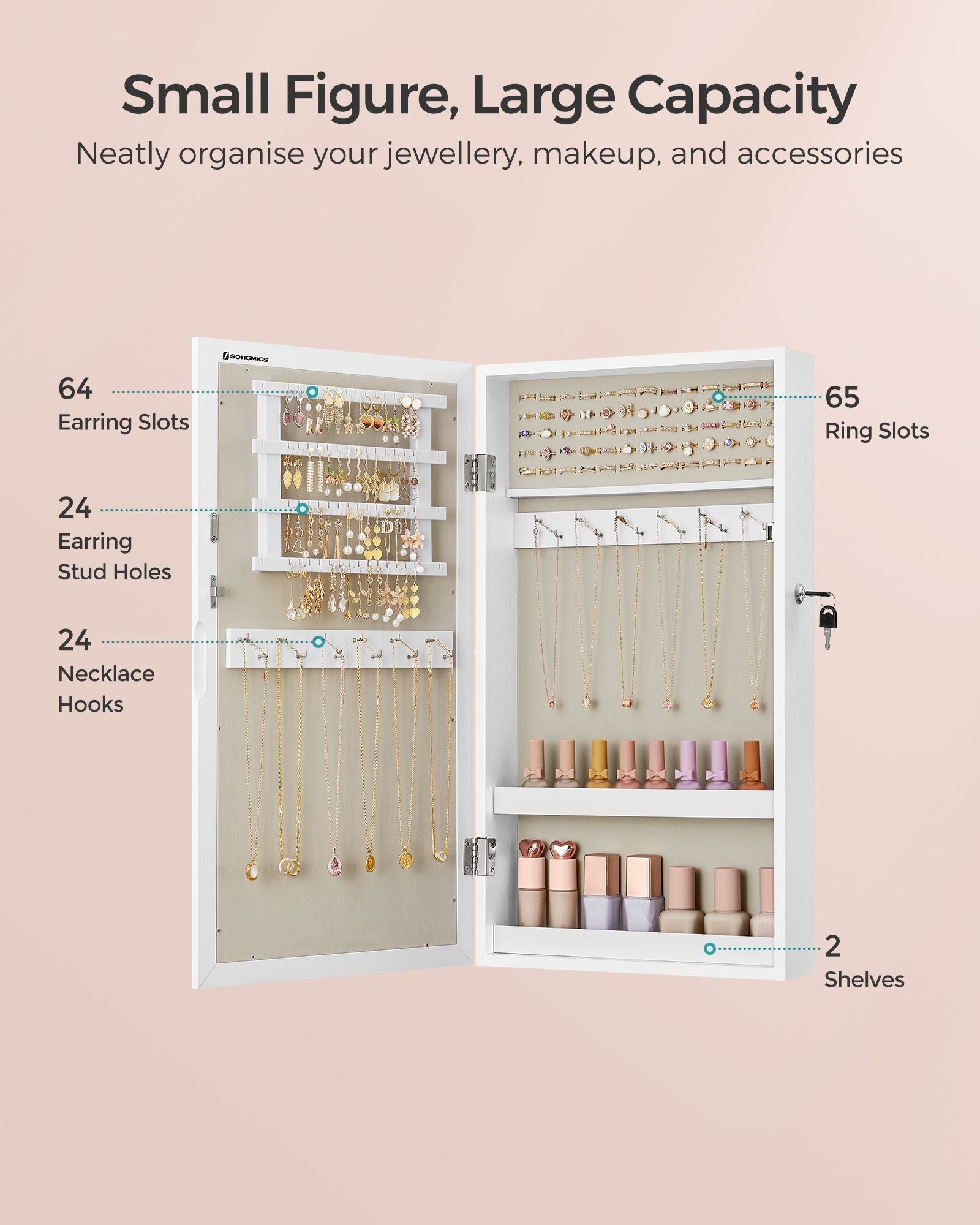 Wall-Mounted Jewellery Cabinet - Wood - White - Lockable with Mirror and Storage