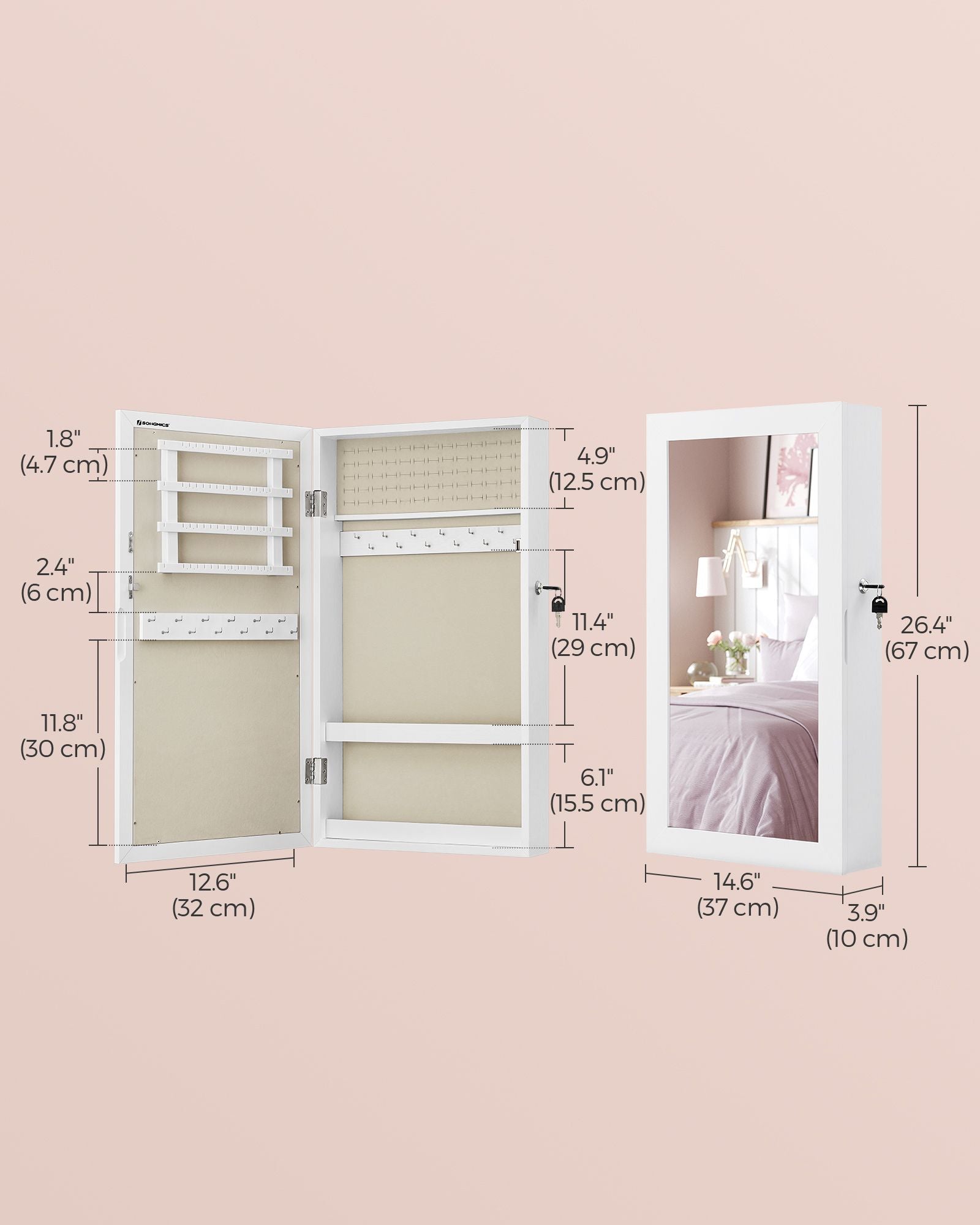 Wall-Mounted Jewellery Cabinet - Wood - White - Lockable with Mirror and Storage