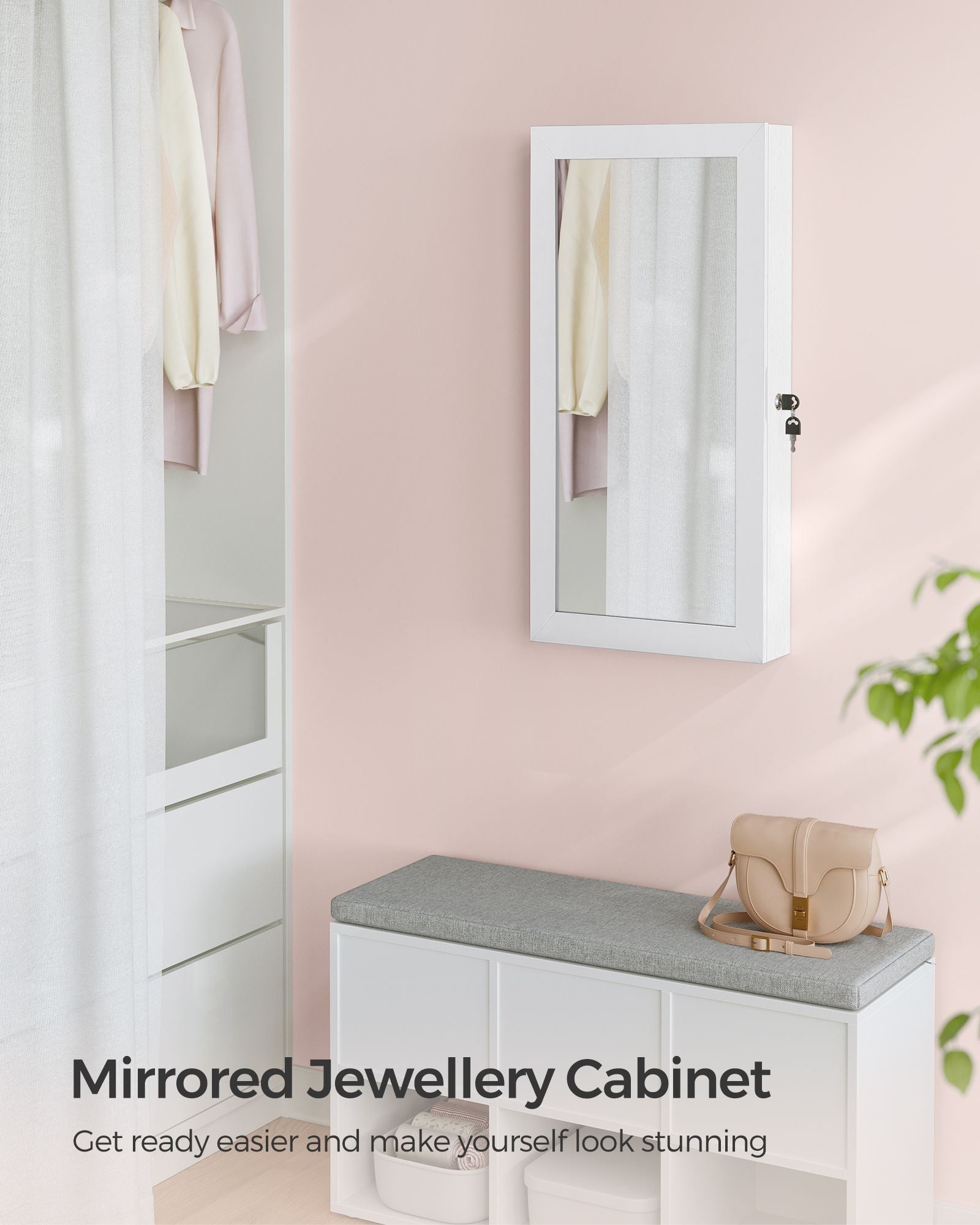 Wall-Mounted Jewellery Cabinet - Wood - White - Lockable with Mirror and Storage