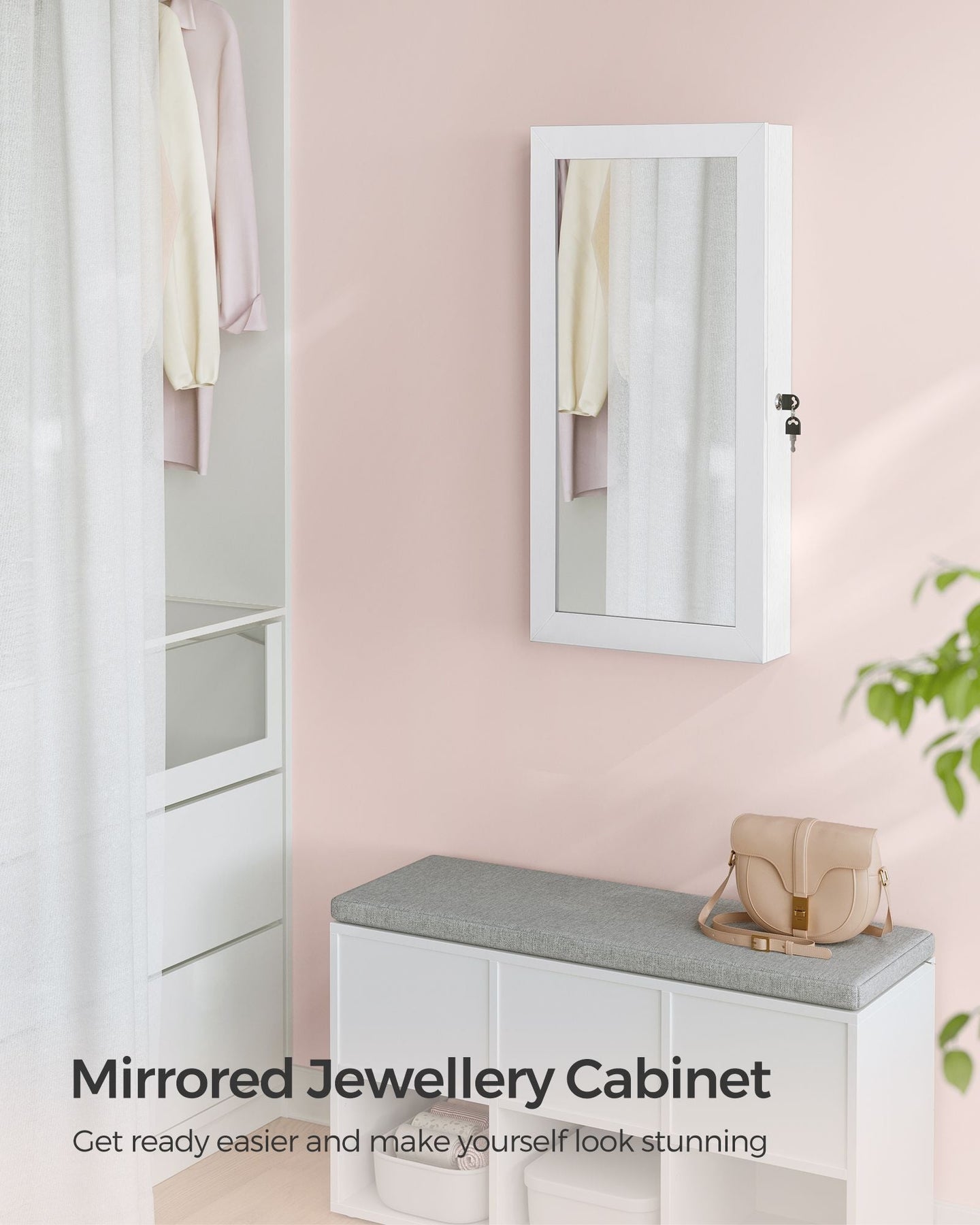 Wall-Mounted Jewellery Cabinet - Wood - White - Lockable with Mirror and Storage