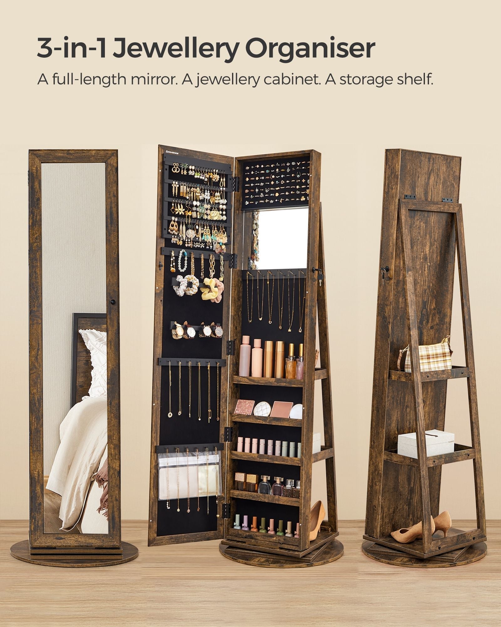 Jewellery Cabinet - Wood - White - 360° Swivel with Full-Length Mirror and Storage Shelf