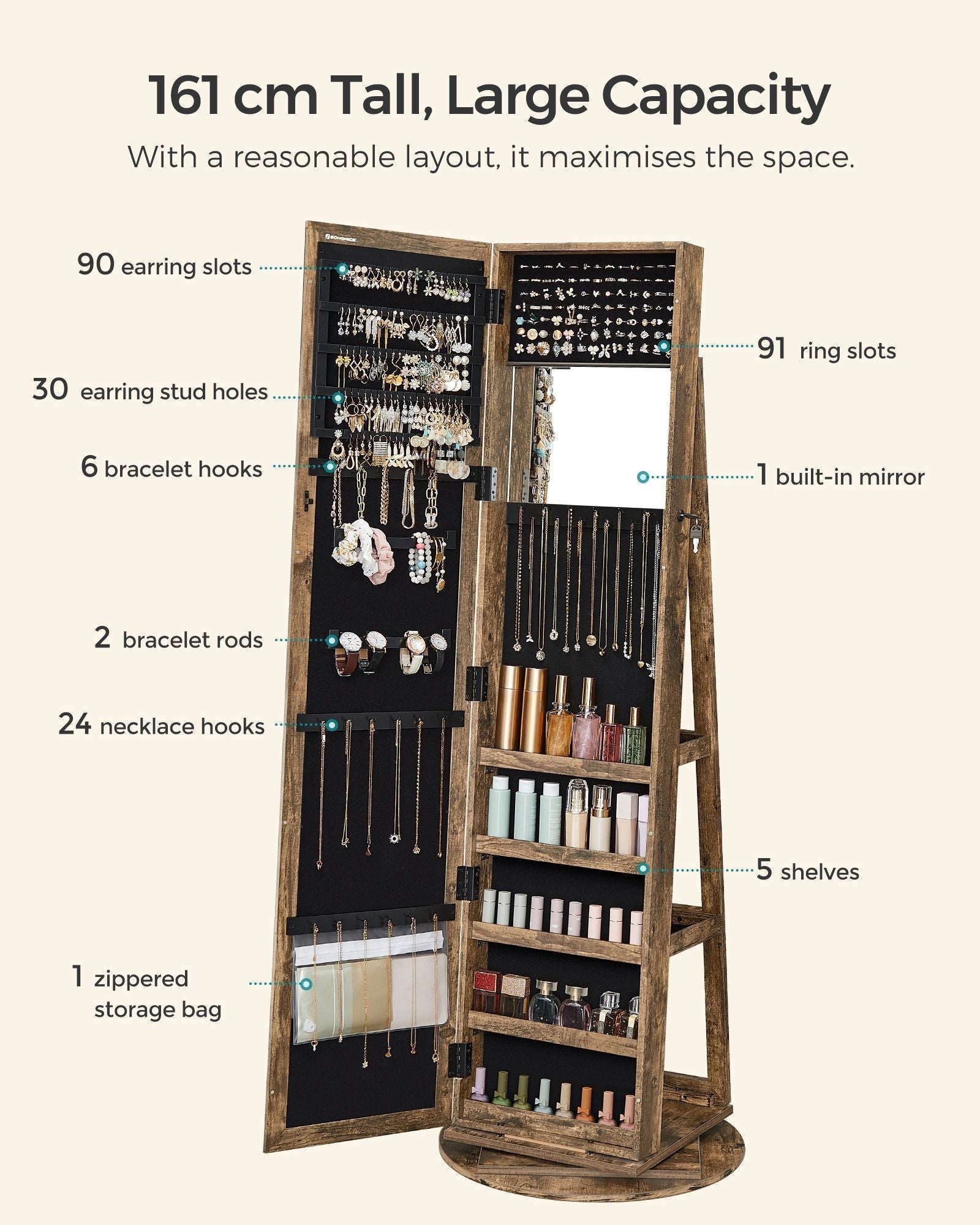 Jewellery Cabinet - Wood - White - 360° Swivel with Full-Length Mirror and Storage Shelf