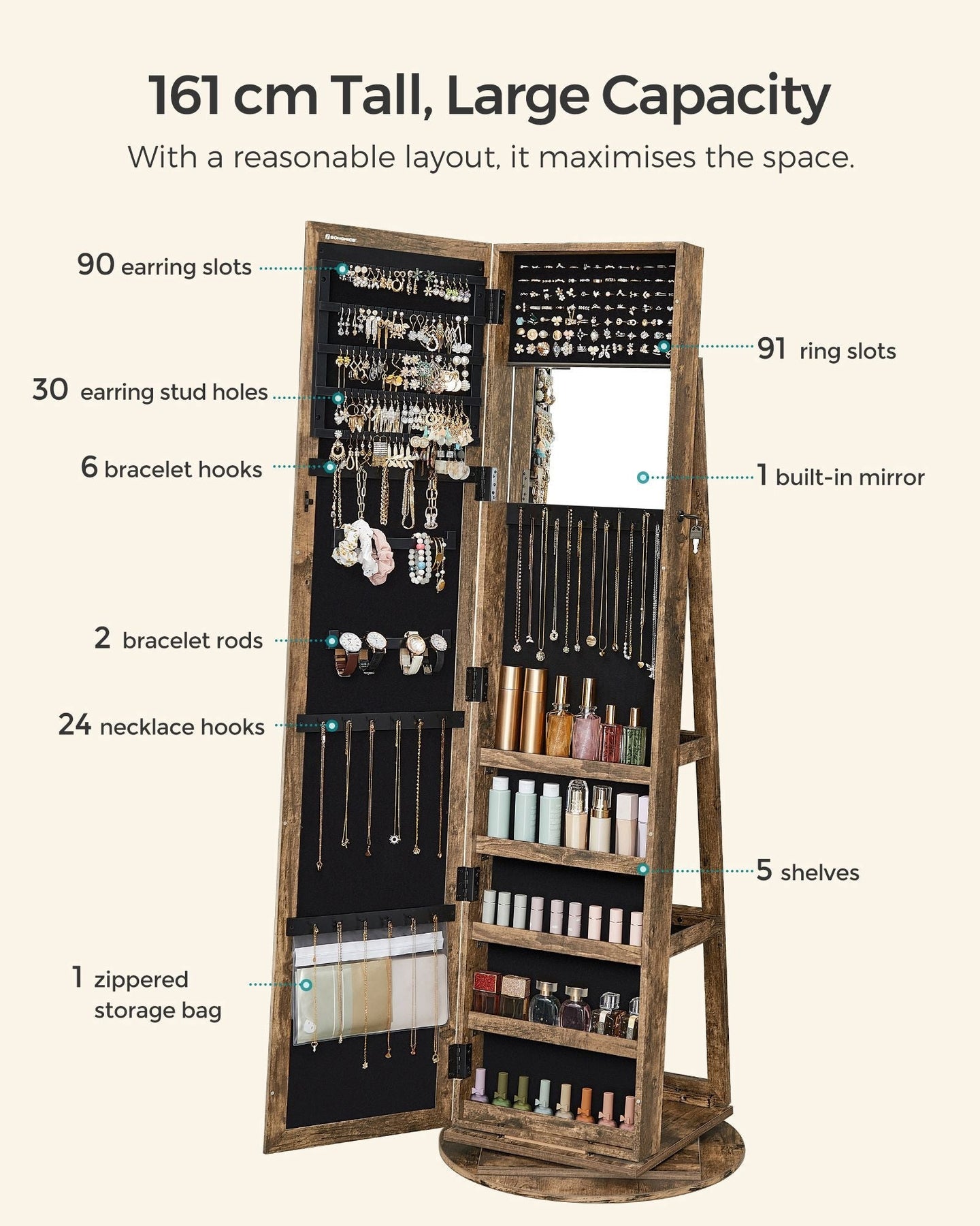 Jewellery Cabinet - Wood - White - 360° Swivel with Full-Length Mirror and Storage Shelf