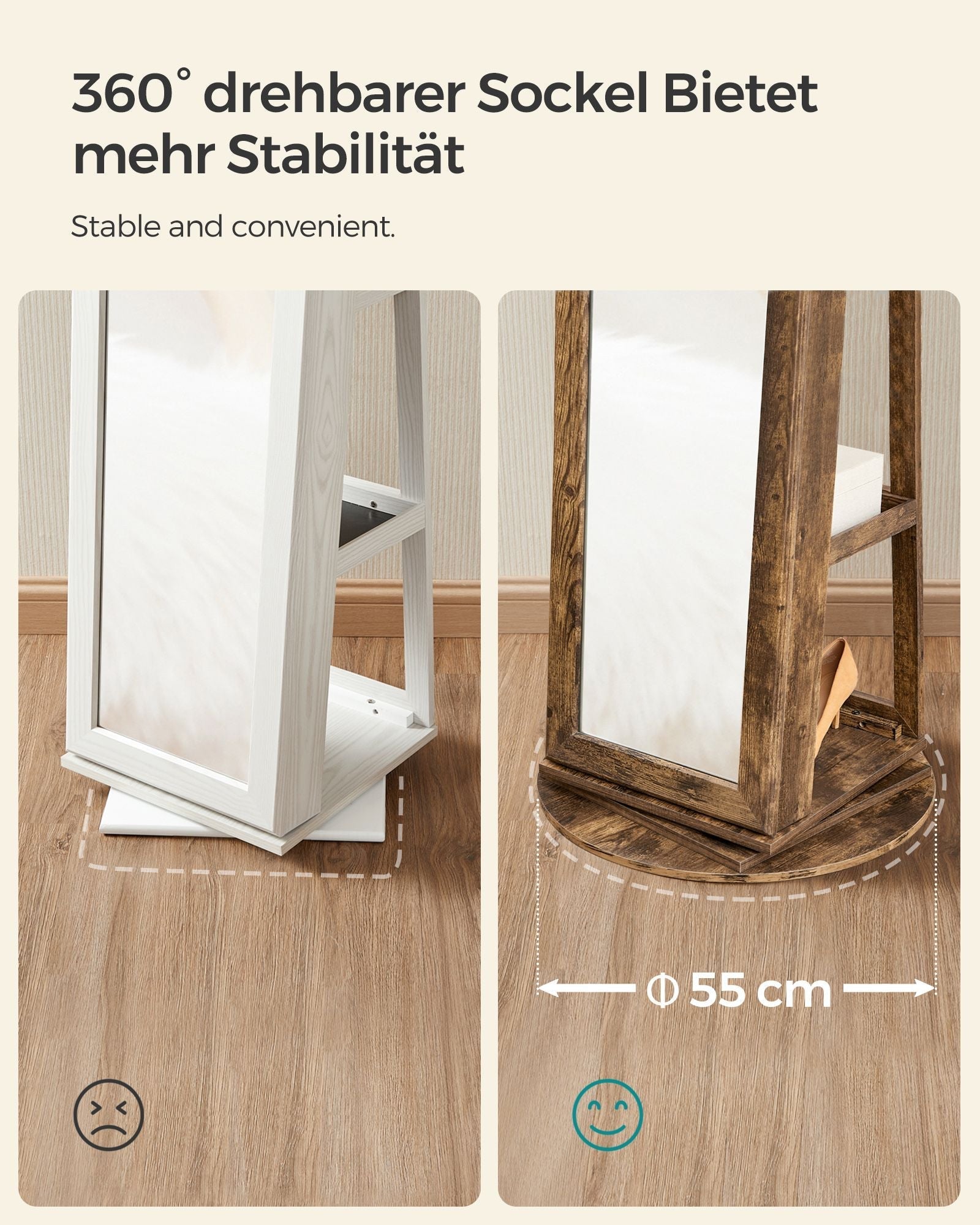 Jewellery Cabinet - Wood - White - 360° Swivel with Full-Length Mirror and Storage Shelf