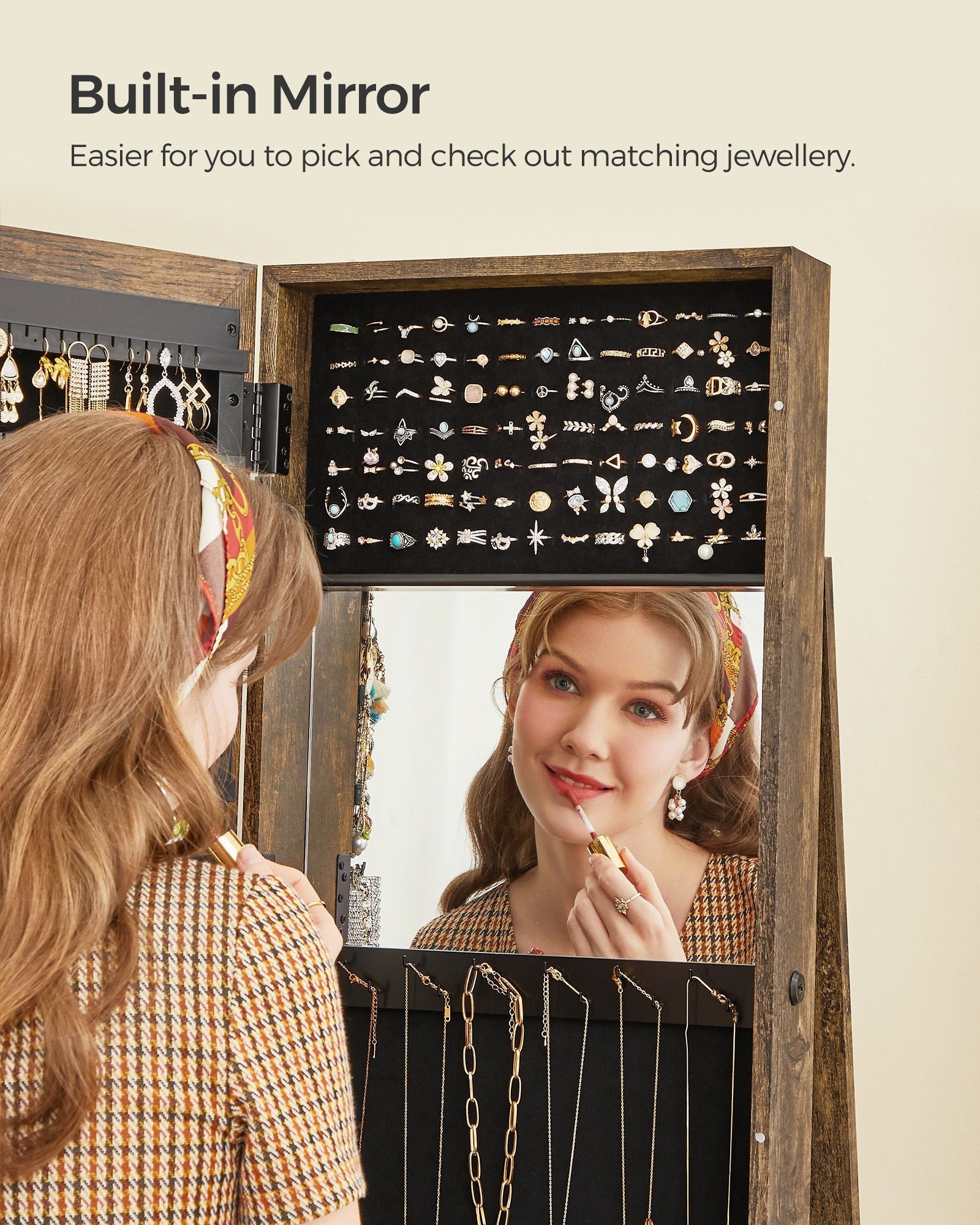 Jewellery Cabinet - Wood - White - 360° Swivel with Full-Length Mirror and Storage Shelf