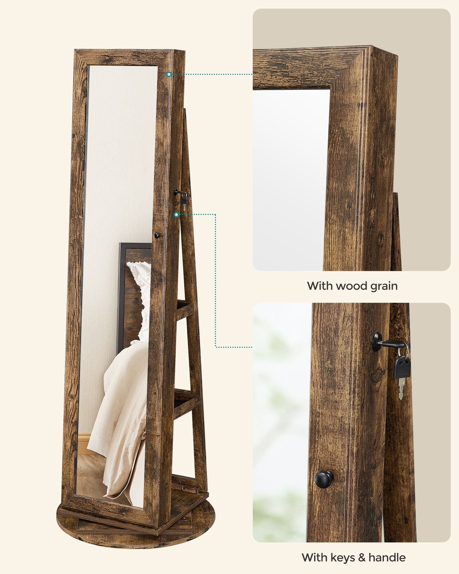 Jewellery Cabinet - Wood - White - 360° Swivel with Full-Length Mirror and Storage Shelf