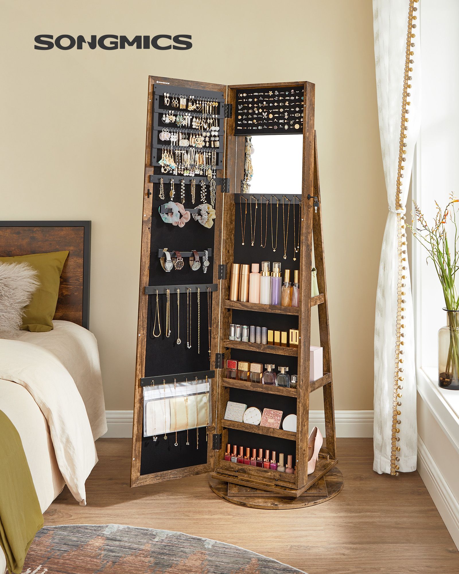 Jewellery Cabinet - Wood - White - 360° Swivel with Full-Length Mirror and Storage Shelf