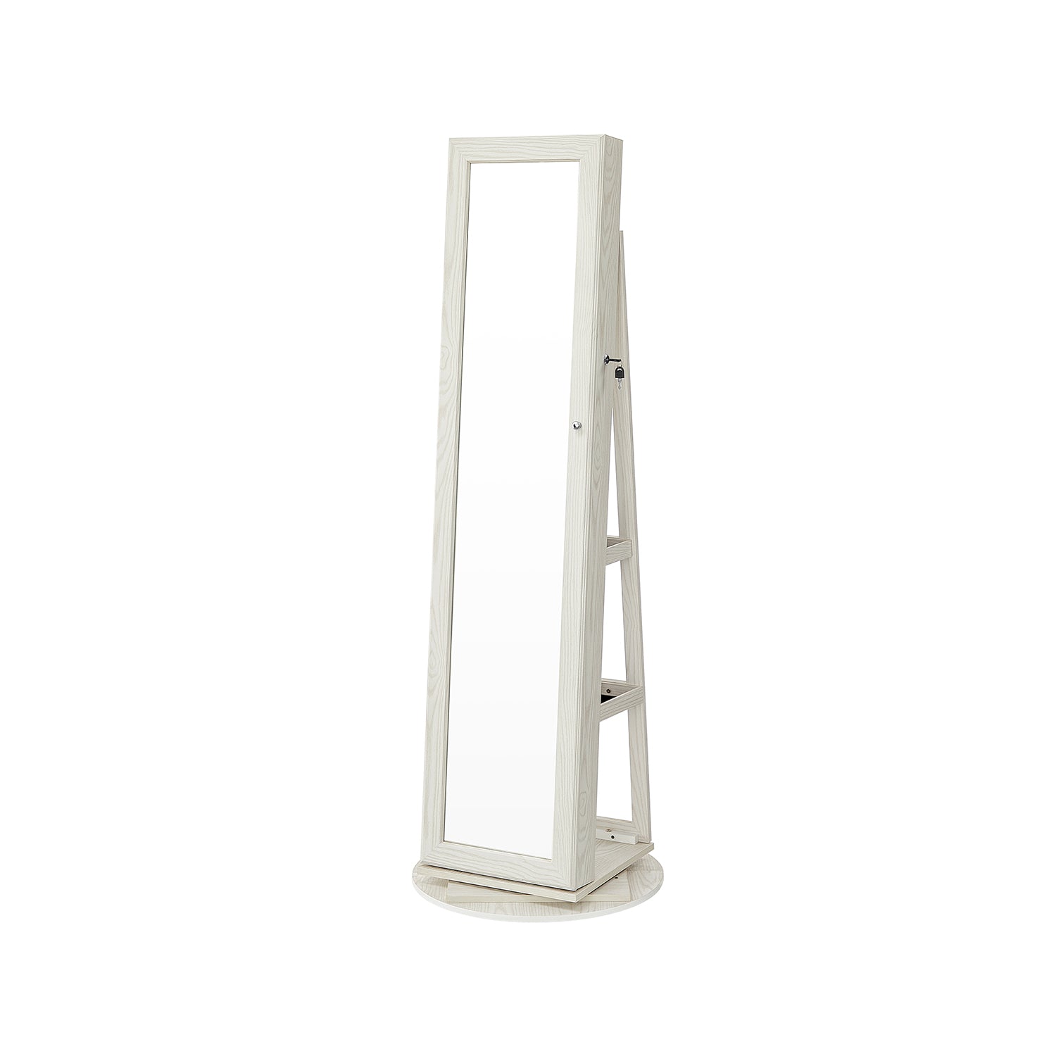 Jewellery Cabinet - Wood - White with Greyish Grain - 360° Swivel and Lockable with Full-Length Mirror