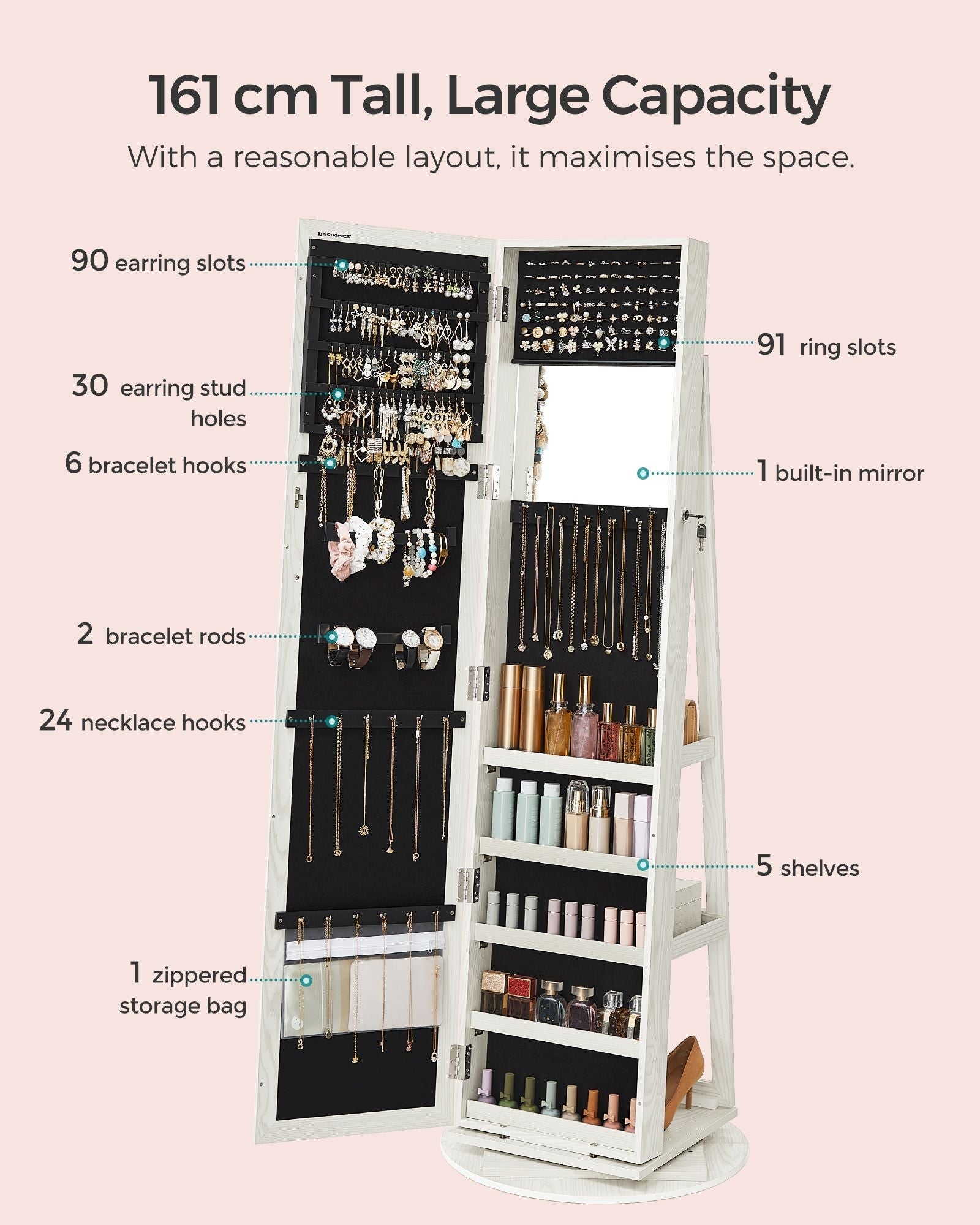 Jewellery Cabinet - Wood - White with Greyish Grain - 360° Swivel and Lockable with Full-Length Mirror