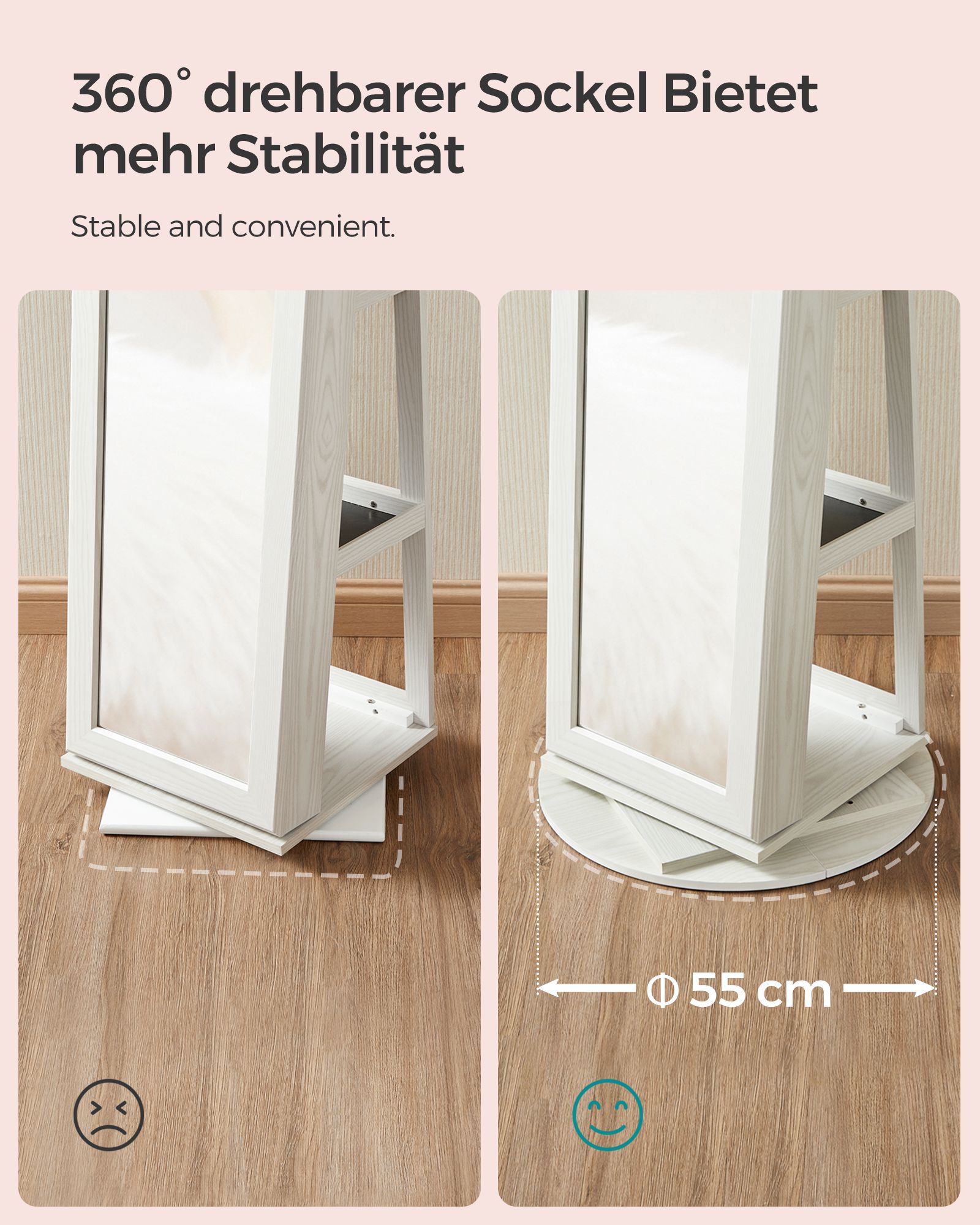 Jewellery Cabinet - Wood - White with Greyish Grain - 360° Swivel and Lockable with Full-Length Mirror