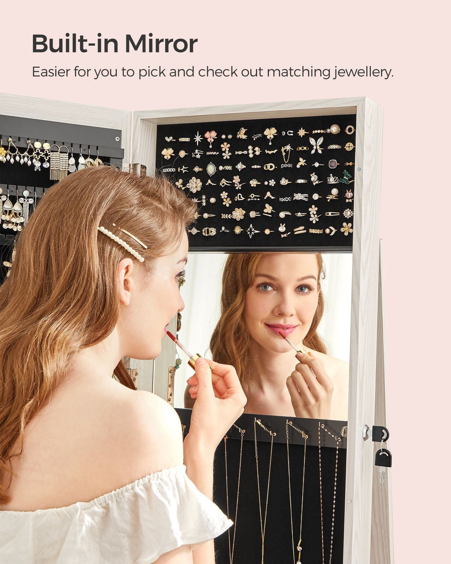 Jewellery Cabinet - Wood - White with Greyish Grain - 360° Swivel and Lockable with Full-Length Mirror