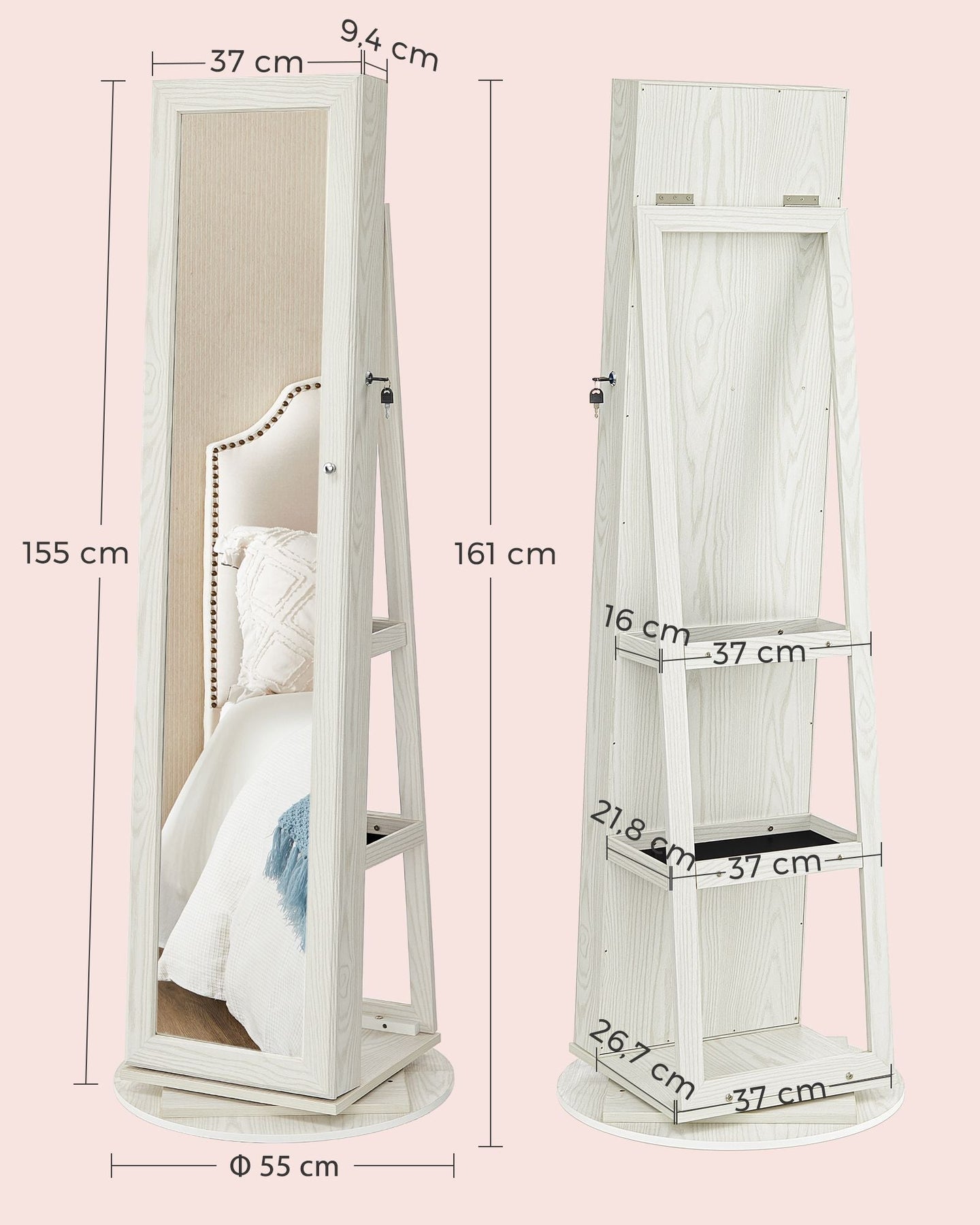 Jewellery Cabinet - Wood - White with Greyish Grain - 360° Swivel and Lockable with Full-Length Mirror