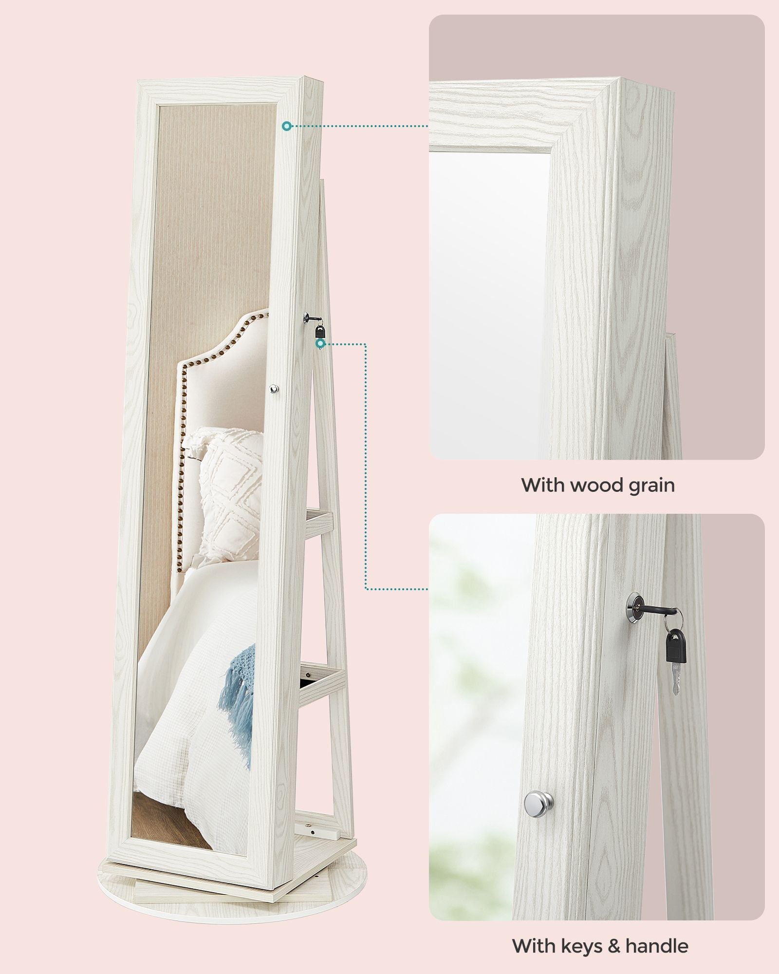 Jewellery Cabinet - Wood - White with Greyish Grain - 360° Swivel and Lockable with Full-Length Mirror