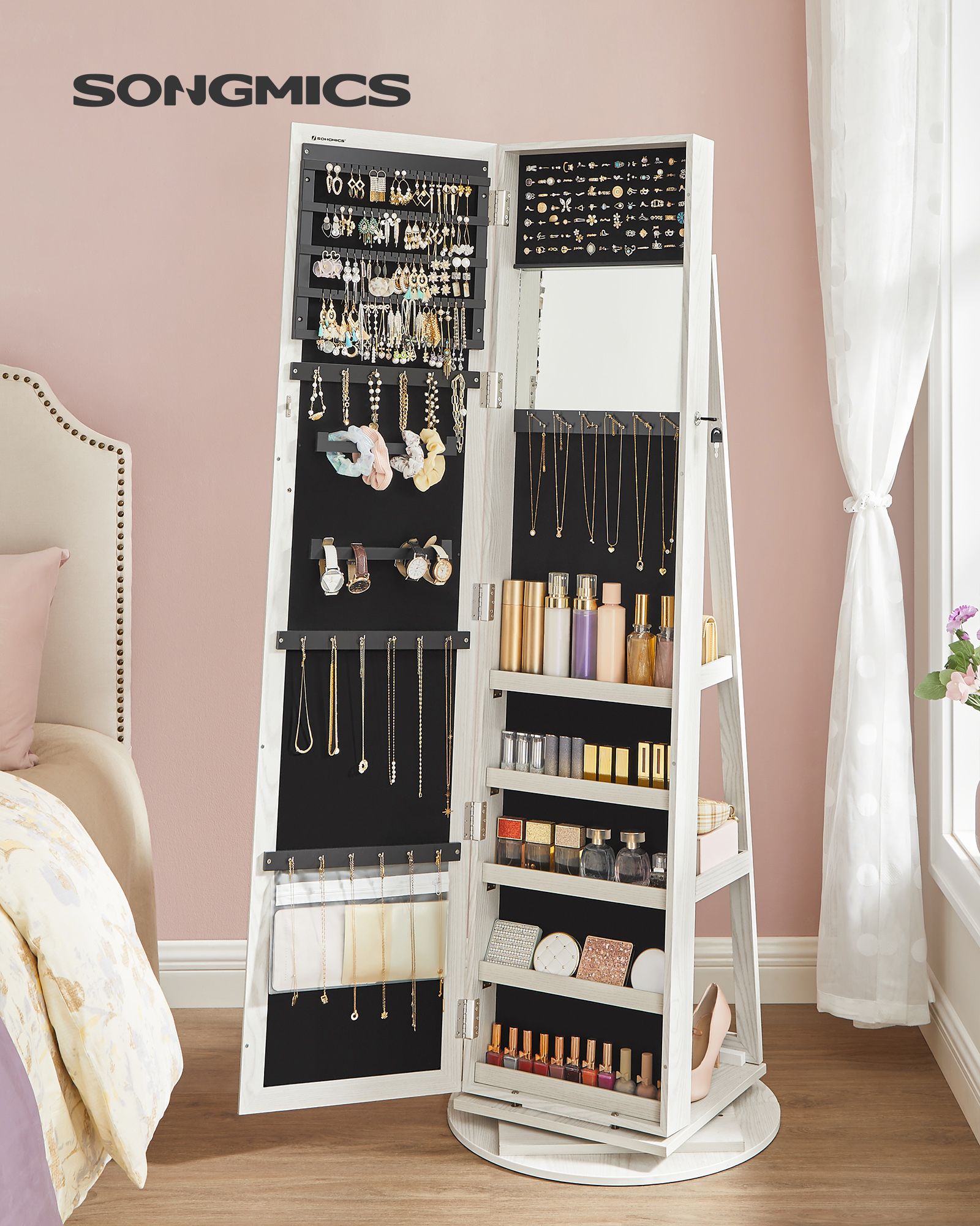 Jewellery Cabinet - Wood - White with Greyish Grain - 360° Swivel and Lockable with Full-Length Mirror