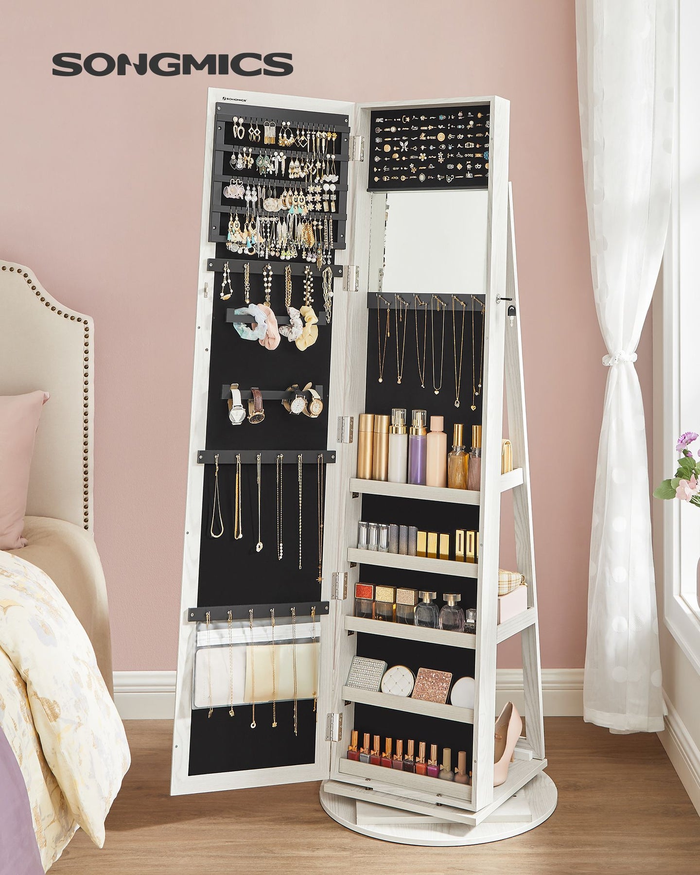Jewellery Cabinet - Wood - White with Greyish Grain - 360° Swivel and Lockable with Full-Length Mirror