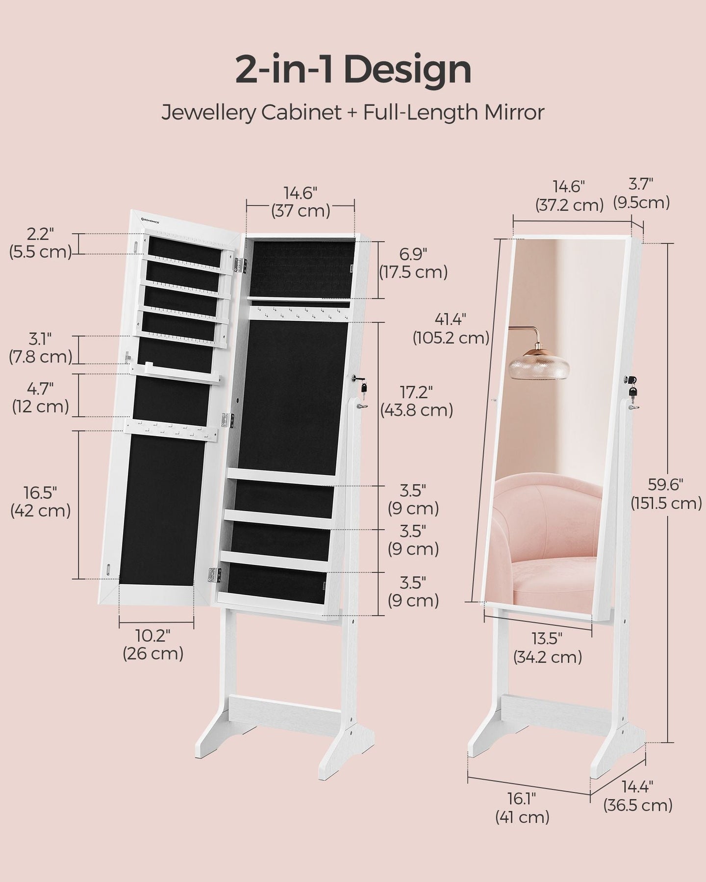 Full Length Mirror Jewelry Cabinet - Brown