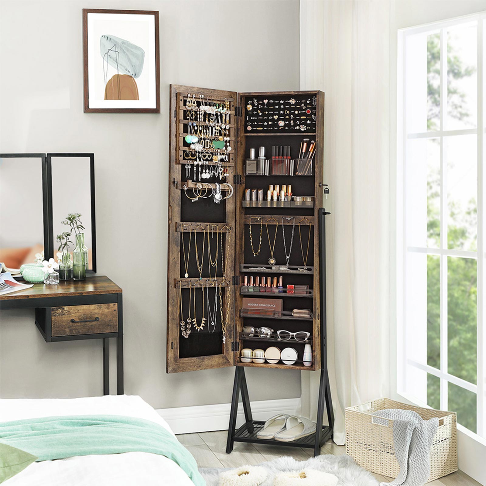 Jewelry Cabinet - Steel Frame - Rustic Brown and Black - Lockable with Mirror and Mesh Shelf