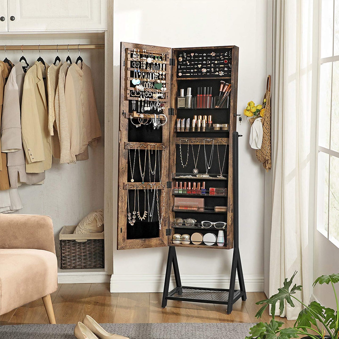 Jewelry Cabinet - Steel Frame - Rustic Brown and Black - Lockable with Mirror and Mesh Shelf