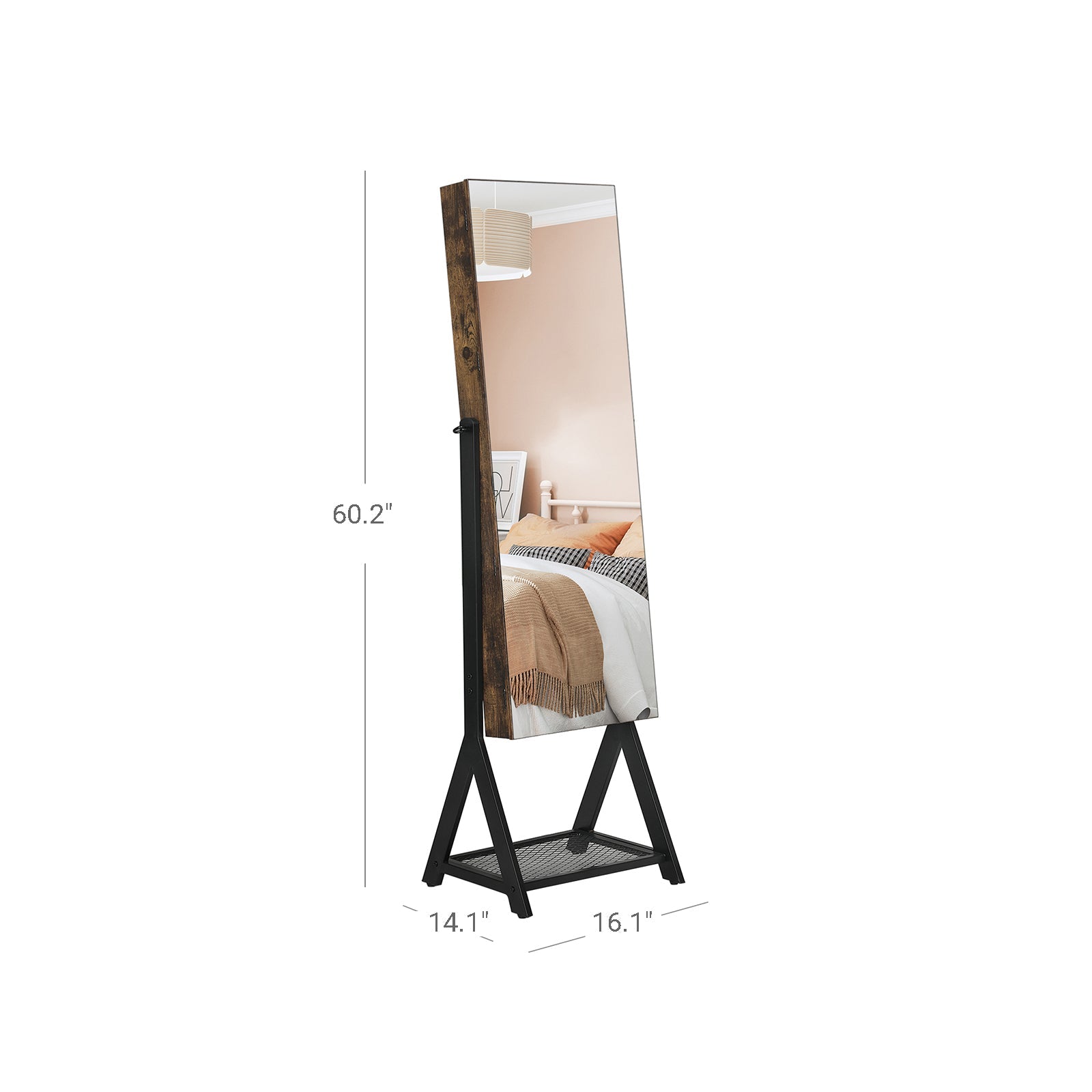 Jewelry Cabinet - Steel Frame - Rustic Brown and Black - Lockable with Mirror and Mesh Shelf