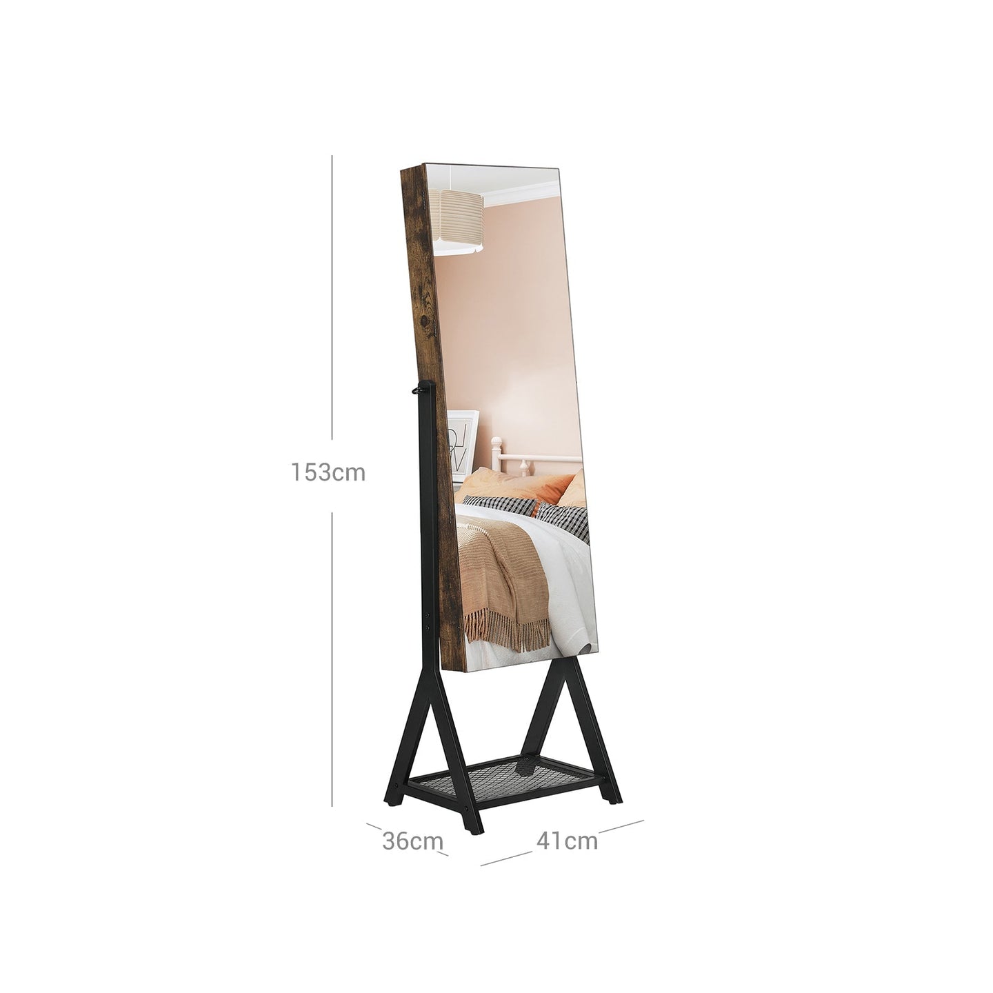 Jewelry Cabinet - Steel Frame - Rustic Brown and Black - Lockable with Mirror and Mesh Shelf