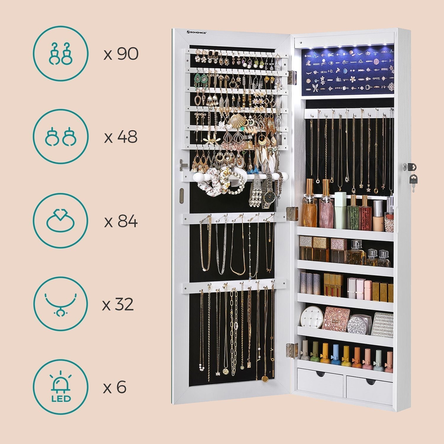 Jewelry Cabinet - White - Frameless Mirror