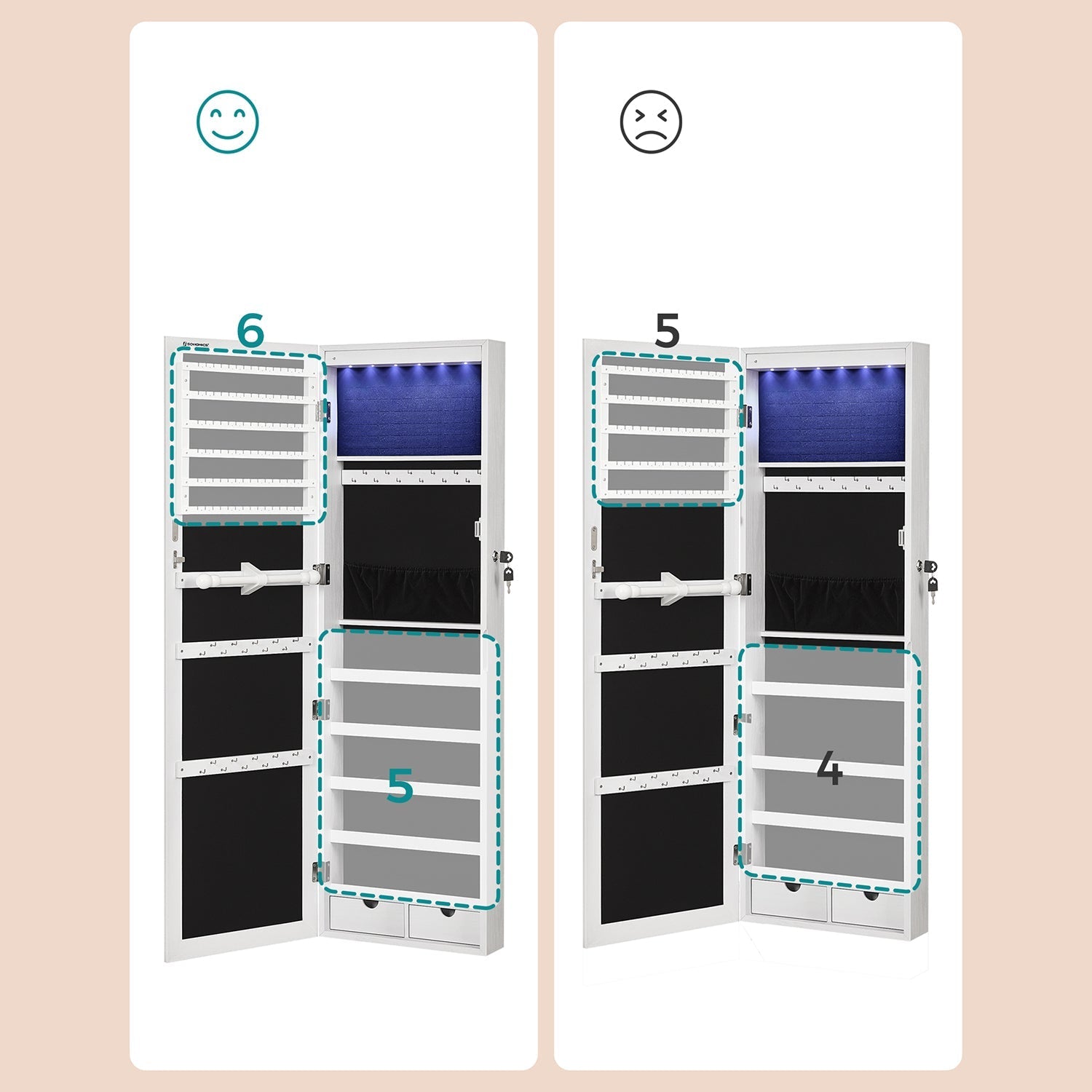 Jewelry Cabinet - White - Frameless Mirror