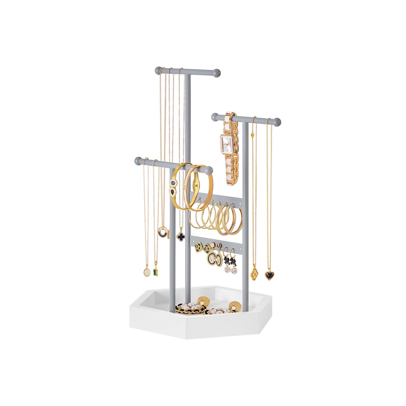 Jewellery Stand - Metal - Dove Grey - 3 Tiers with 1 Tray and 4 Independent Zones