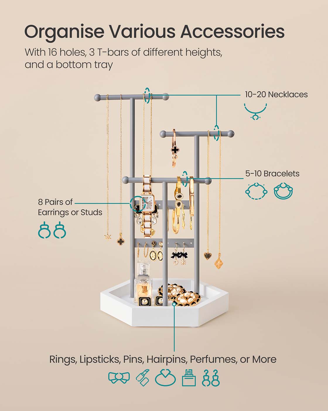 Jewellery Stand - Metal - Dove Grey - 3 Tiers with 1 Tray and 4 Independent Zones