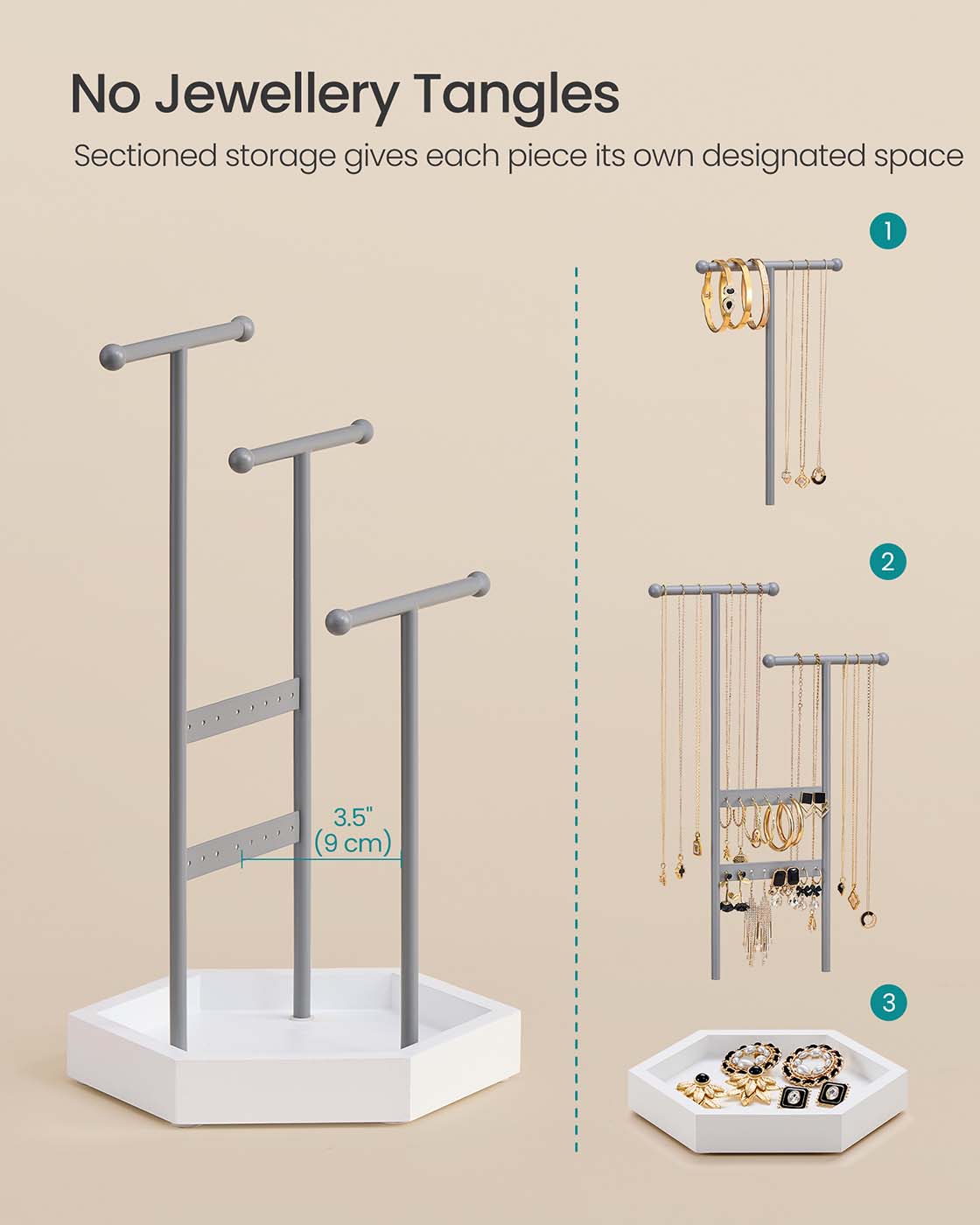 Jewellery Stand - Metal - Dove Grey - 3 Tiers with 1 Tray and 4 Independent Zones