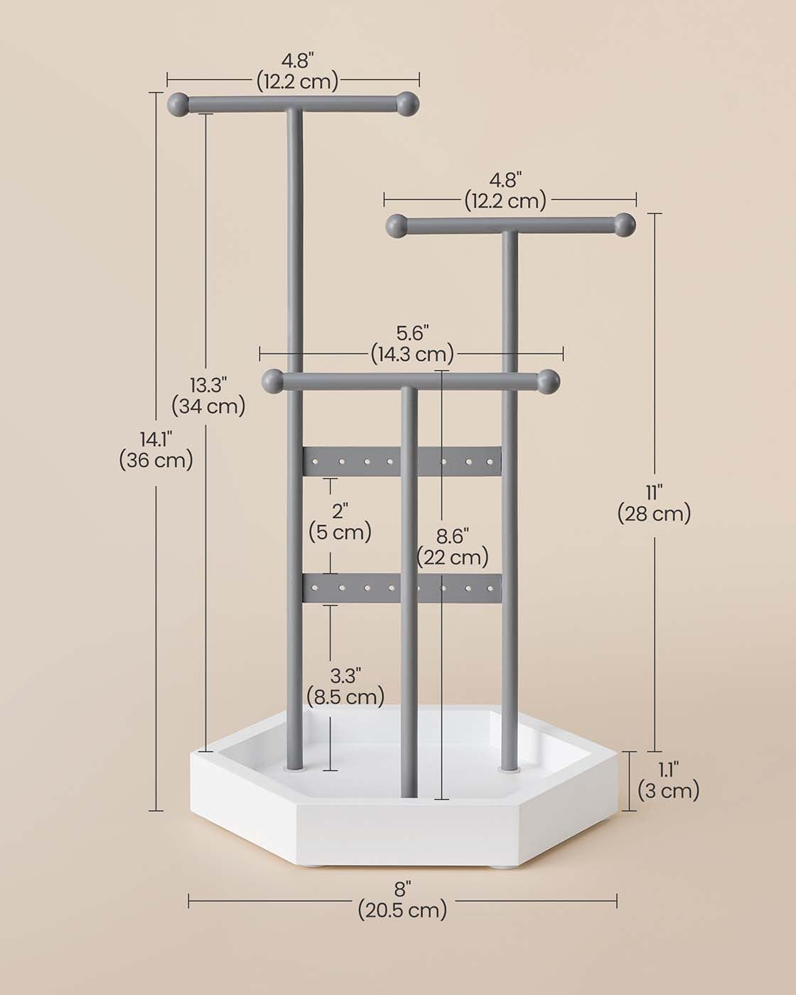 Jewellery Stand - Metal - Dove Grey - 3 Tiers with 1 Tray and 4 Independent Zones