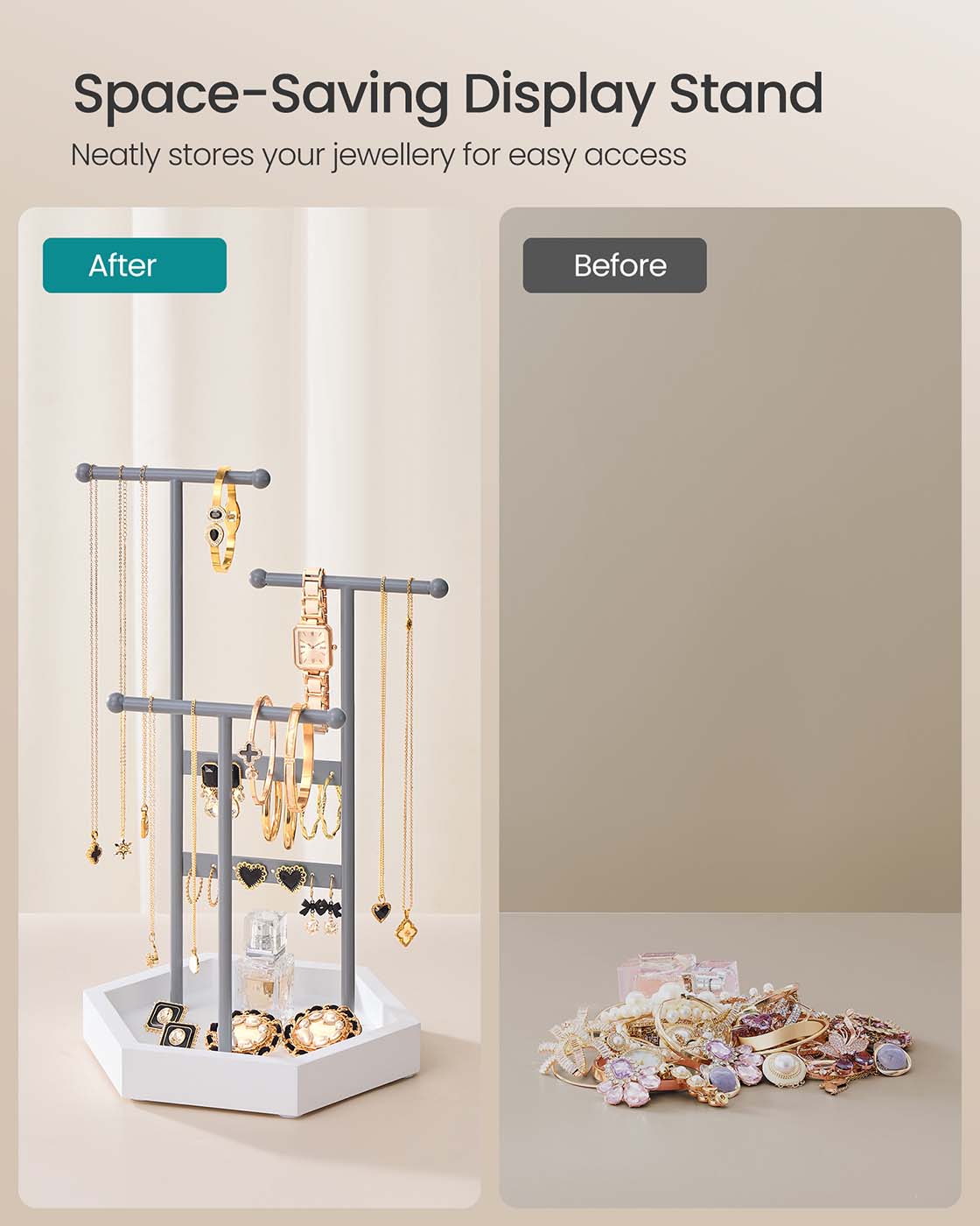 Jewellery Stand - Metal - Dove Grey - 3 Tiers with 1 Tray and 4 Independent Zones
