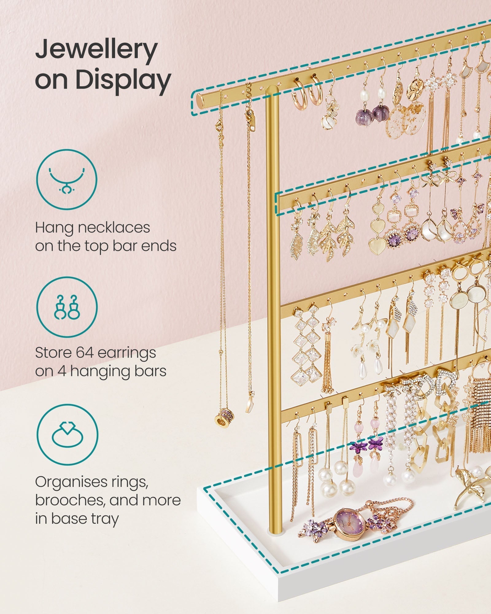 4-Tier Jewellery Stand - Metal - White and Gold - Includes Base Tray for Organizing Accessories
