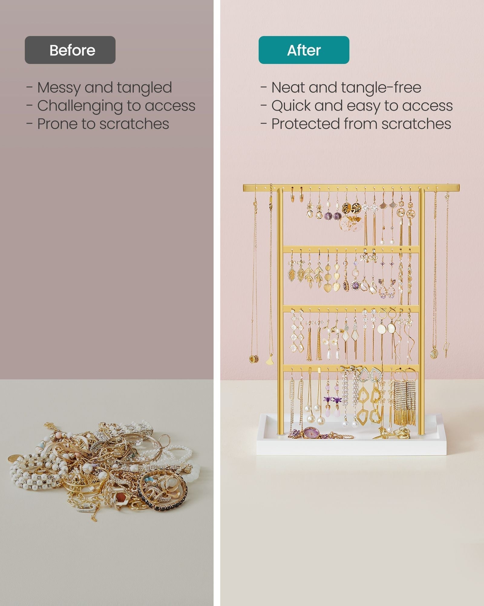 4-Tier Jewellery Stand - Metal - White and Gold - Includes Base Tray for Organizing Accessories