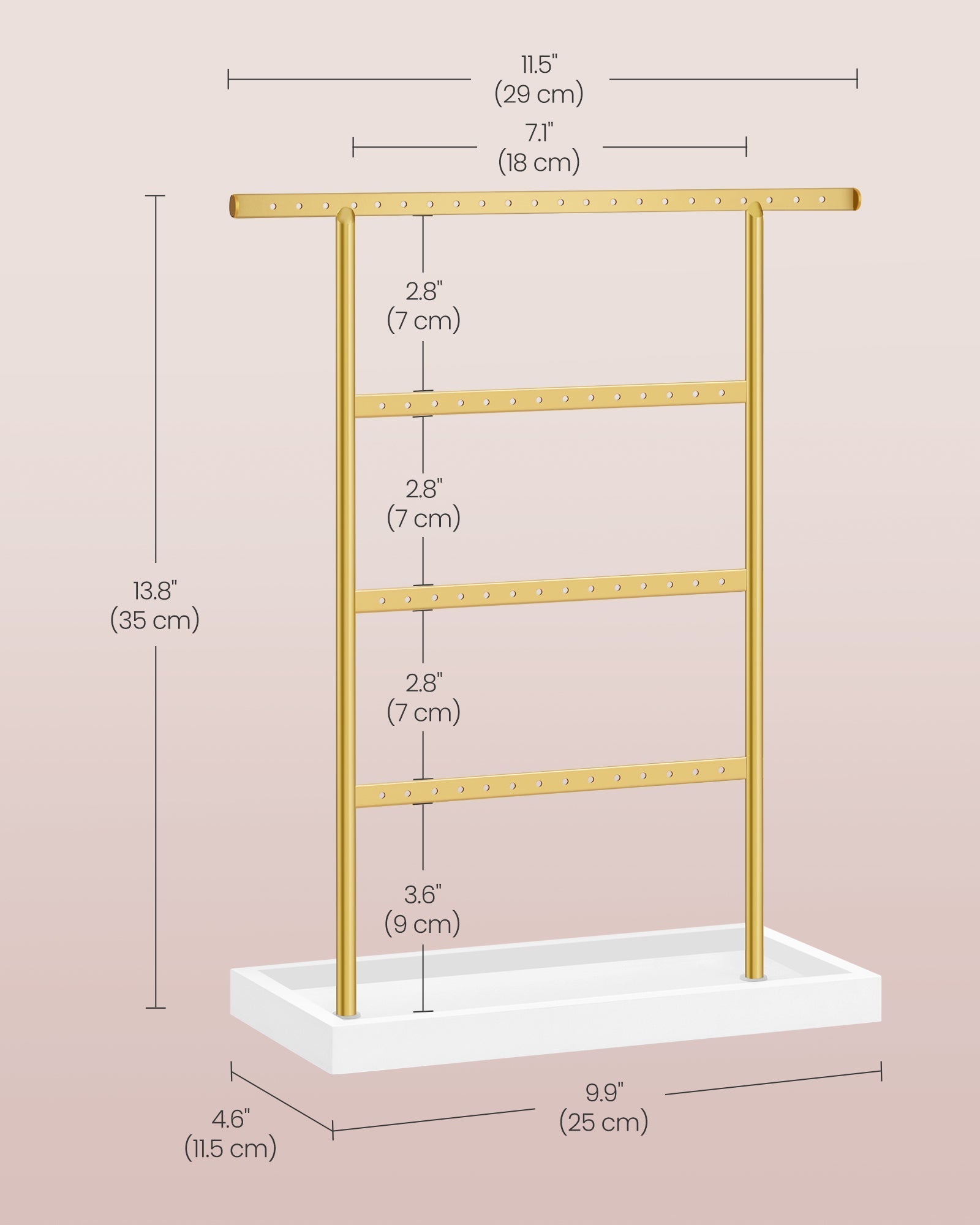 4-Tier Jewellery Stand - Metal - White and Gold - Includes Base Tray for Organizing Accessories