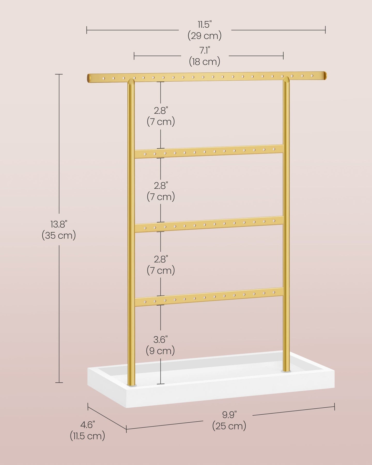 4-Tier Jewellery Stand - Metal - White and Gold - Includes Base Tray for Organizing Accessories