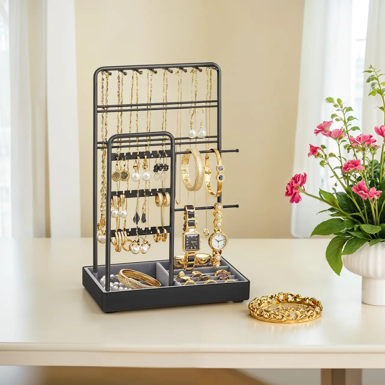 Jewelry Organizer - Metal - Clear - Multi-Functional Display Stand with Velvet Tray