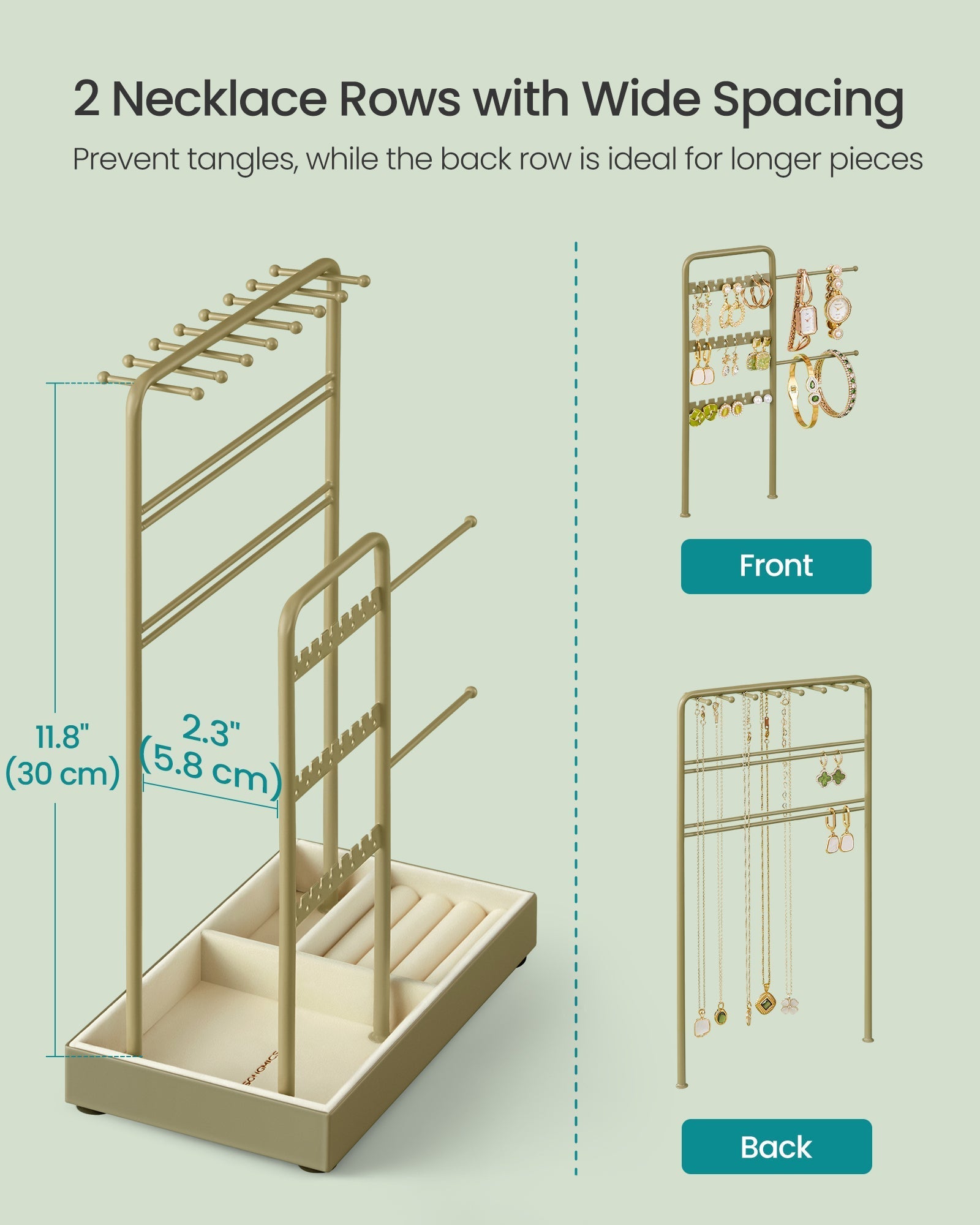 Jewellery Display Stand - Metal Frame - Laurel Green - Velvet Tray and Organiser for Earrings