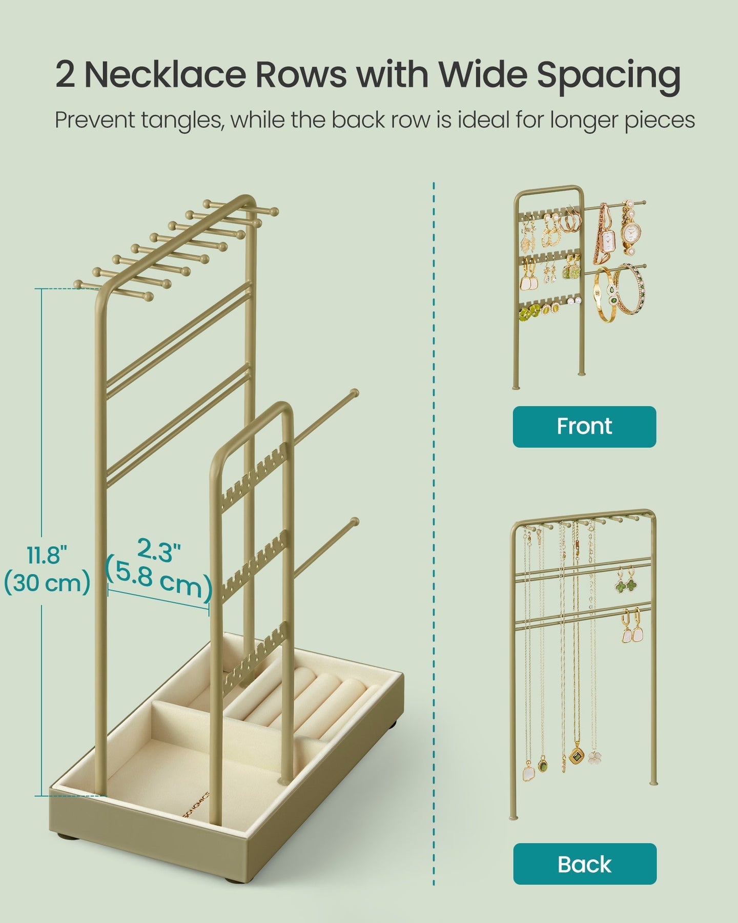 Jewellery Display Stand - Metal Frame - Laurel Green - Velvet Tray and Organiser for Earrings