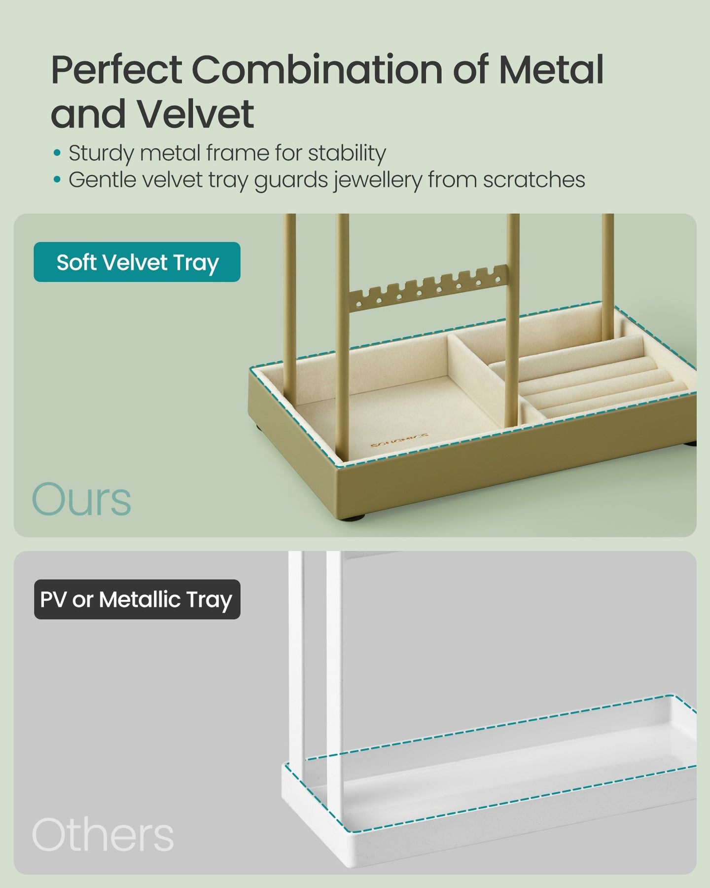 Jewellery Display Stand - Metal Frame - Laurel Green - Velvet Tray and Organiser for Earrings