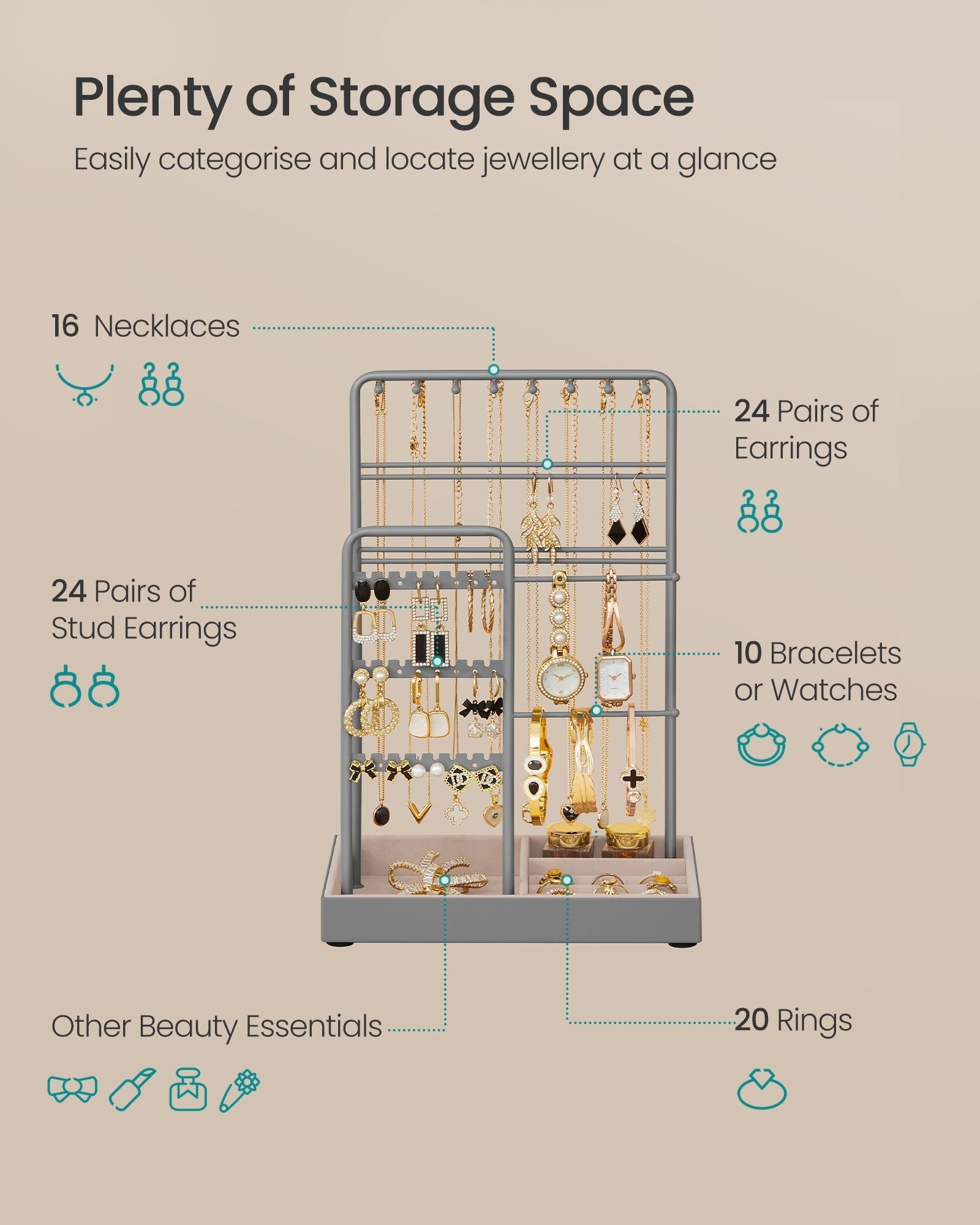Jewellery Display Stand - Metal Frame - Dove Grey - Velvet Tray