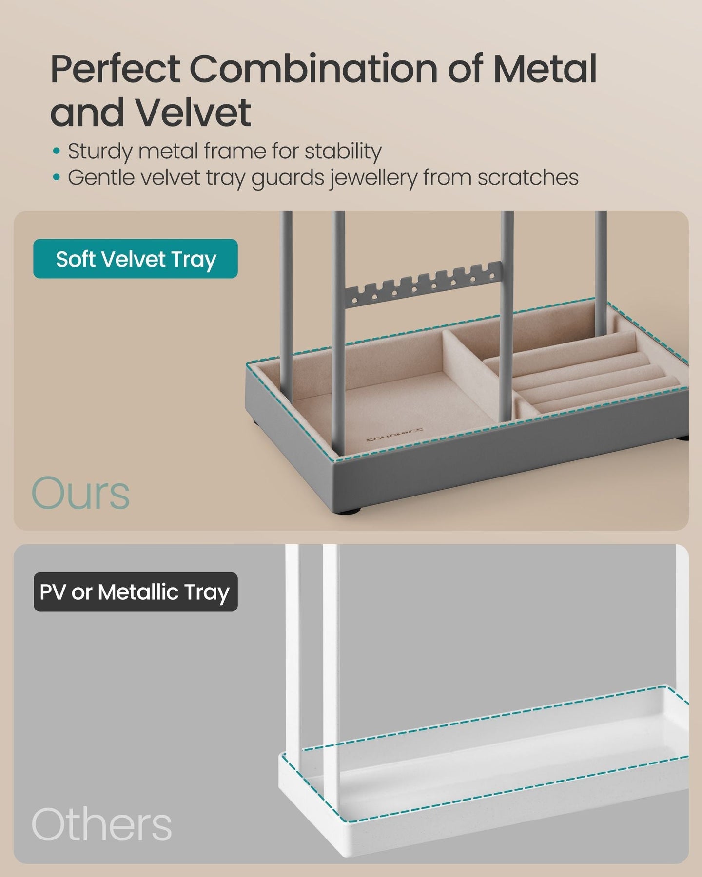 Jewellery Display Stand - Metal Frame - Dove Grey - Velvet Tray