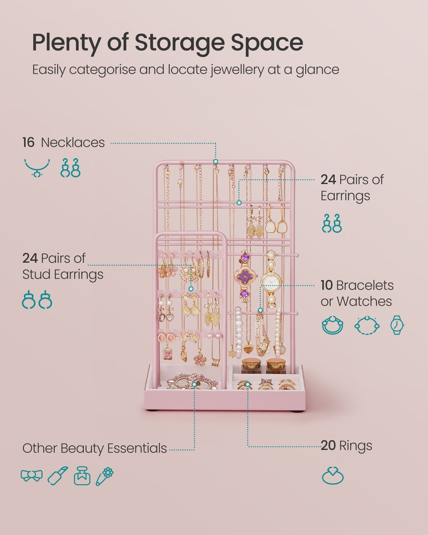 Jewellery Display Stand - Metal Frame - Jelly Pink - Velvet Tray and Multi-Holder Design