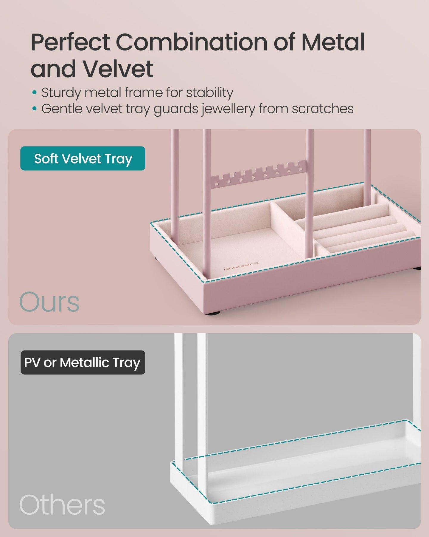 Jewellery Display Stand - Metal Frame - Jelly Pink - Velvet Tray and Multi-Holder Design