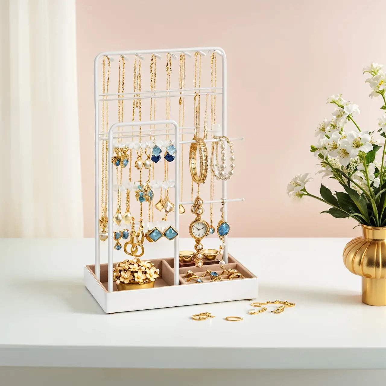 Jewelry Organizer - Metal - Clear - Multi-Functional Display Stand with Velvet Tray