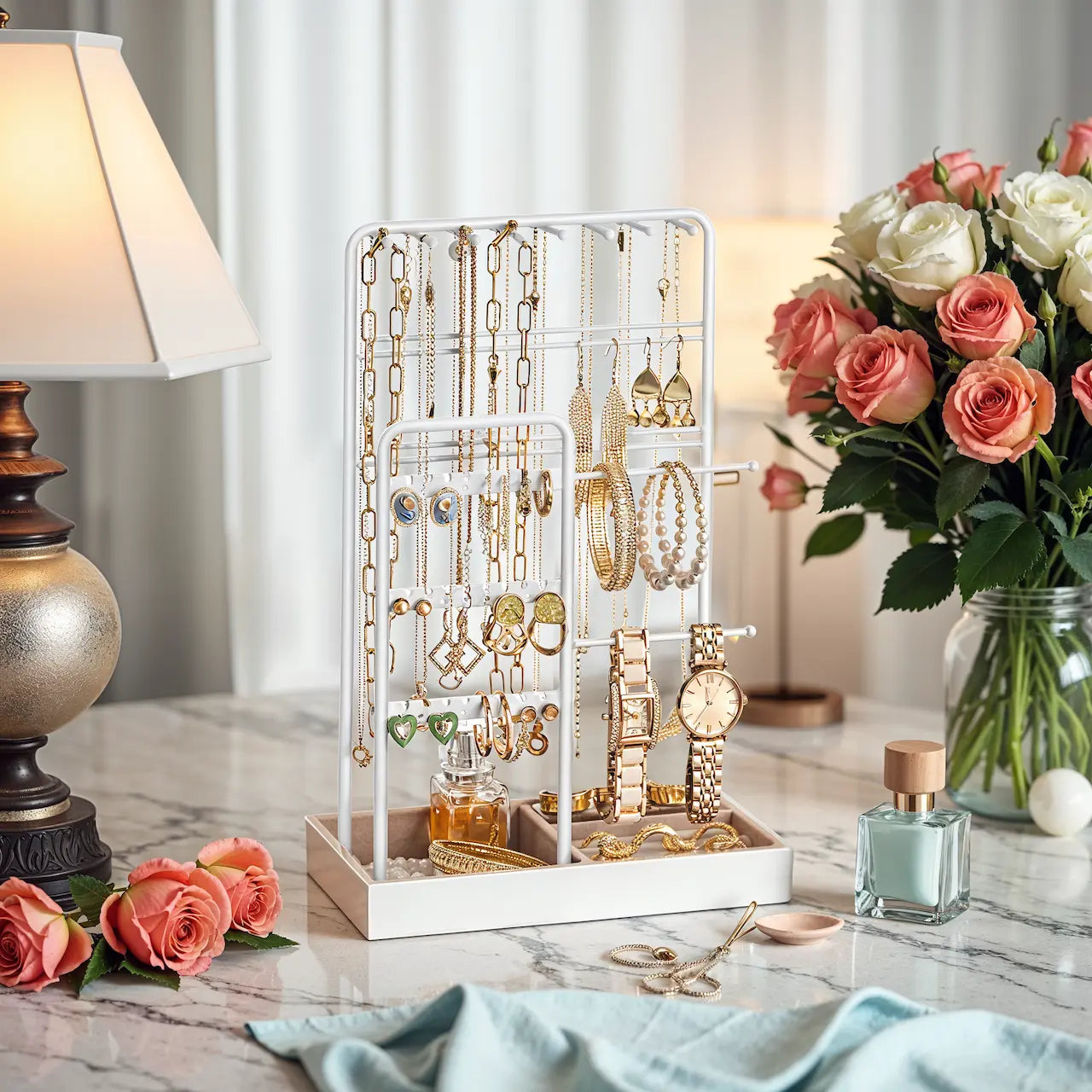 Jewelry Organizer - Metal - Clear - Multi-Functional Display Stand with Velvet Tray