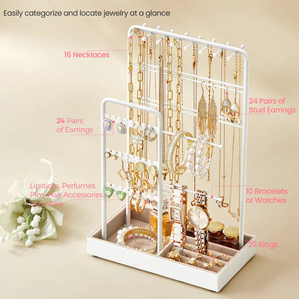 Jewelry Organizer - Metal - Clear - Multi-Functional Display Stand with Velvet Tray