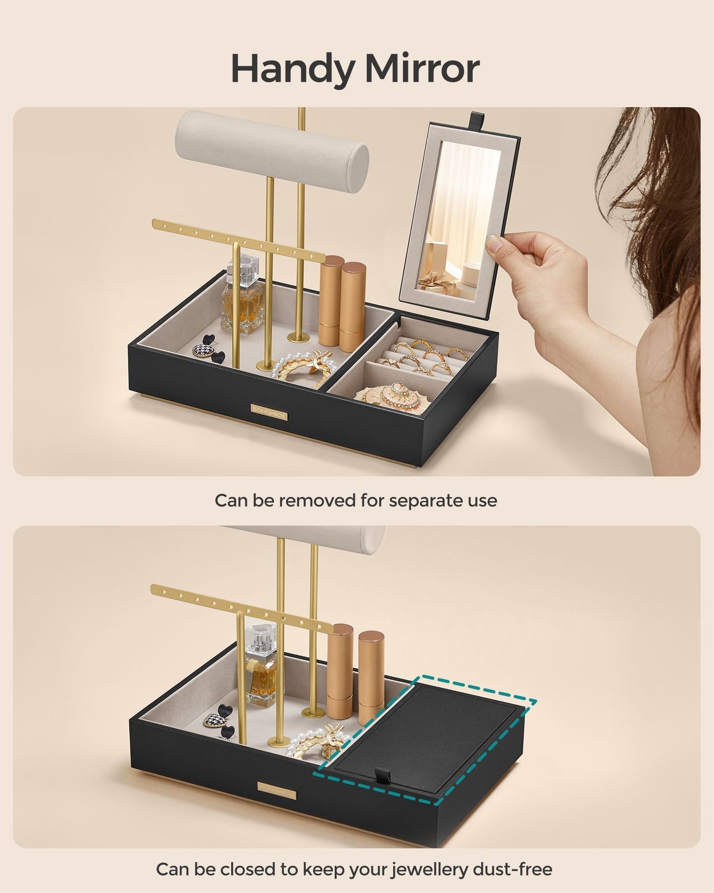 Jewellery Display Stand - Metal - Black - Includes Mirror and Multi-Functional Holders for Earrings
