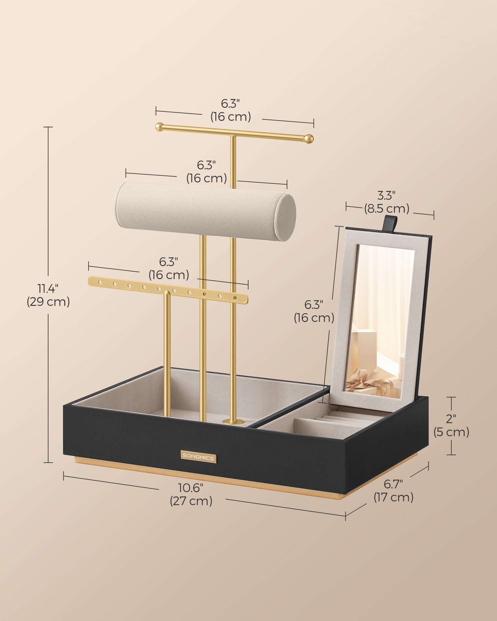 Jewellery Display Stand - Metal - Black - Includes Mirror and Multi-Functional Holders for Earrings