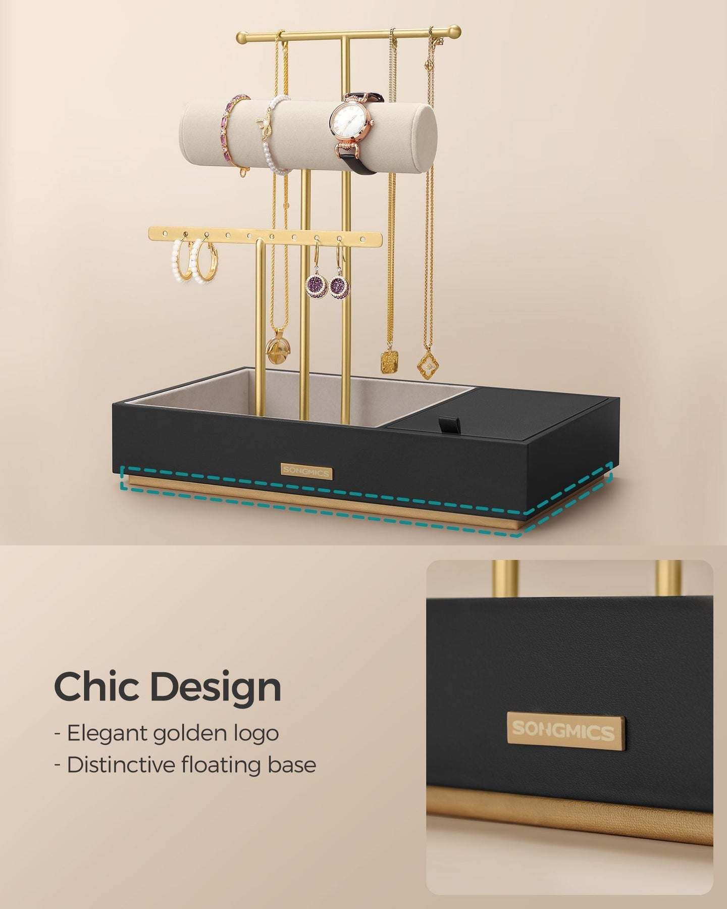 Jewellery Display Stand - Metal - Black - Includes Mirror and Multi-Functional Holders for Earrings
