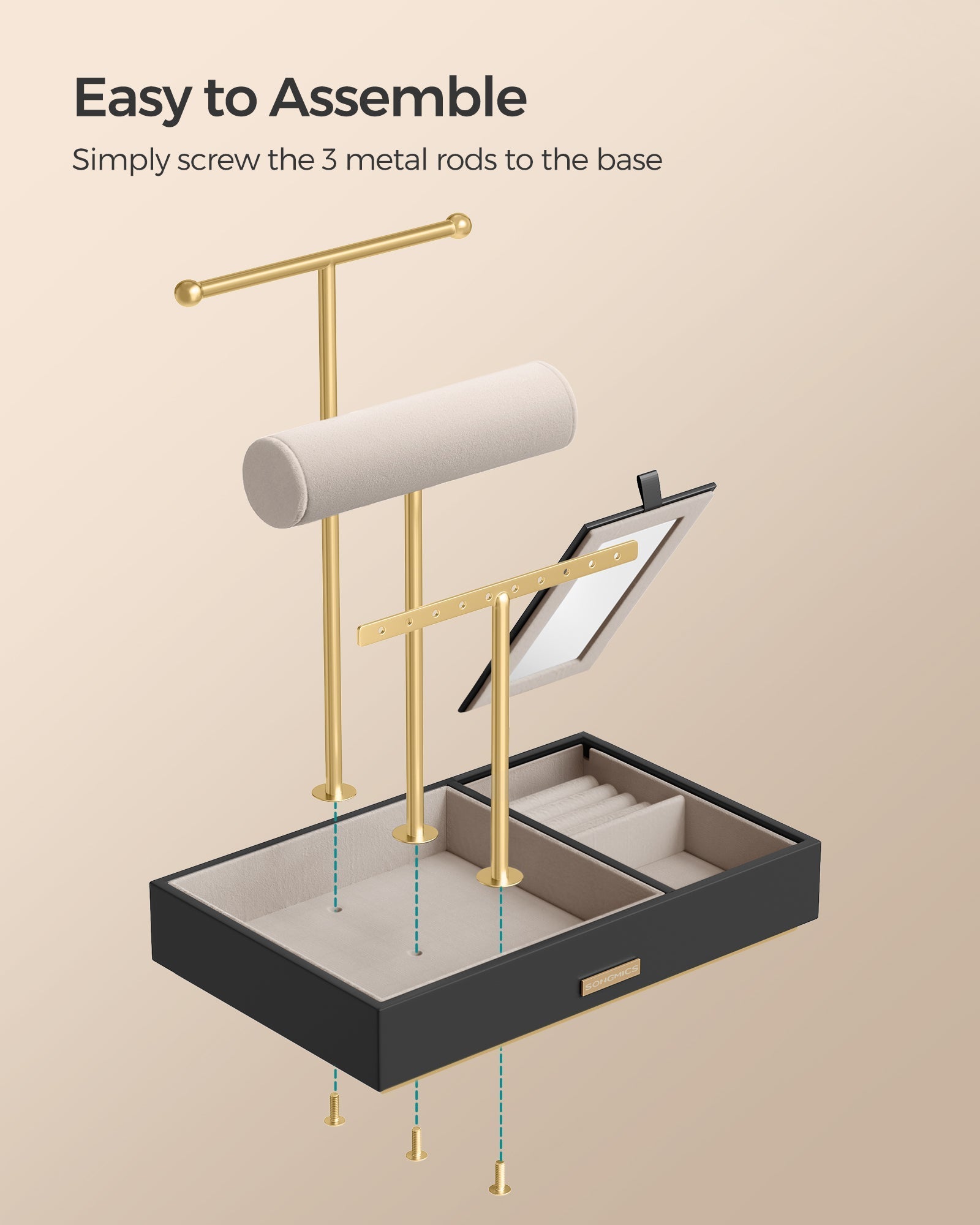 Jewellery Display Stand - Metal - Black - Includes Mirror and Multi-Functional Holders for Earrings